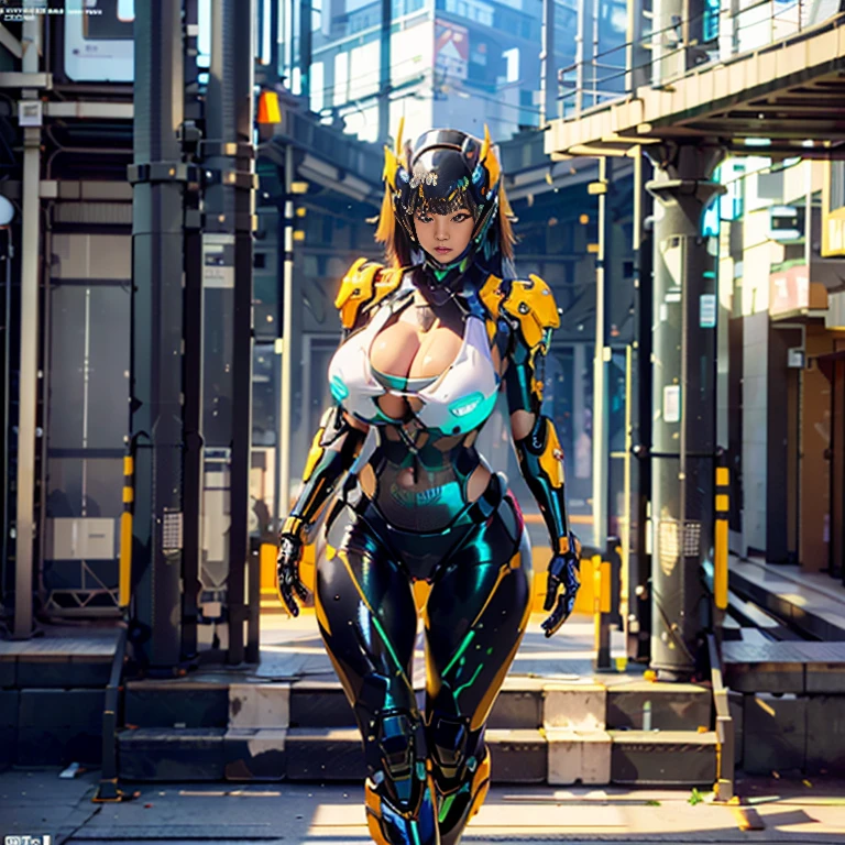 ((unreal engine 5)), realistic rendering, wonderful, mech armor light, cybernetic hat, pocket, (yoga pants), looking at the viewer, Take a walking pose on the street, beautiful face, compensate, (photorealism:1.2), Surrealistic UHD face, (huge fake tits:1.4), (huge breasts:1.1), (muscular abs), (big ass), (wide hips), (thick thighs), slim waist, hourglass illustration, full body, ((glowing skin)), ((shiny skin)), realistic body, ((She's sexy)), ((beautiful skin)), realistic, Bokeh, masterpiece, High resolution, 1080p.、camel toe、huge tit、nipple puff、cleavage、、Plump、Super big breasts、super big butt