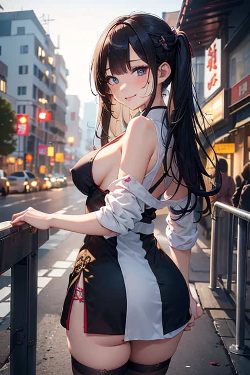 1girl,(Best quality at best, tmasterpiece:1.2), super high separation rate, actual, Frontlighting, Complicated details, Exquisitedetailsandtextures, (with sparkling eyes and a contagious smile),cute Face highlights, The upper part of the body, details, ( nipples:1.2),sidenips,nipple slip,from side, sundress, from behind, upper body, (leaning forward:0.4),tear-mole, (medium Breast Girl:1.0),(young), white skinned, masterpiece, the best, night, full moon, Chinese Architecture, cheongsam, China costume, Royal sister, cold face, Poker face, woman with long silver hair, light pink lips, fishnet stockings, calm, intellectuals, Three bangs, gray pupil, street view, facial details,