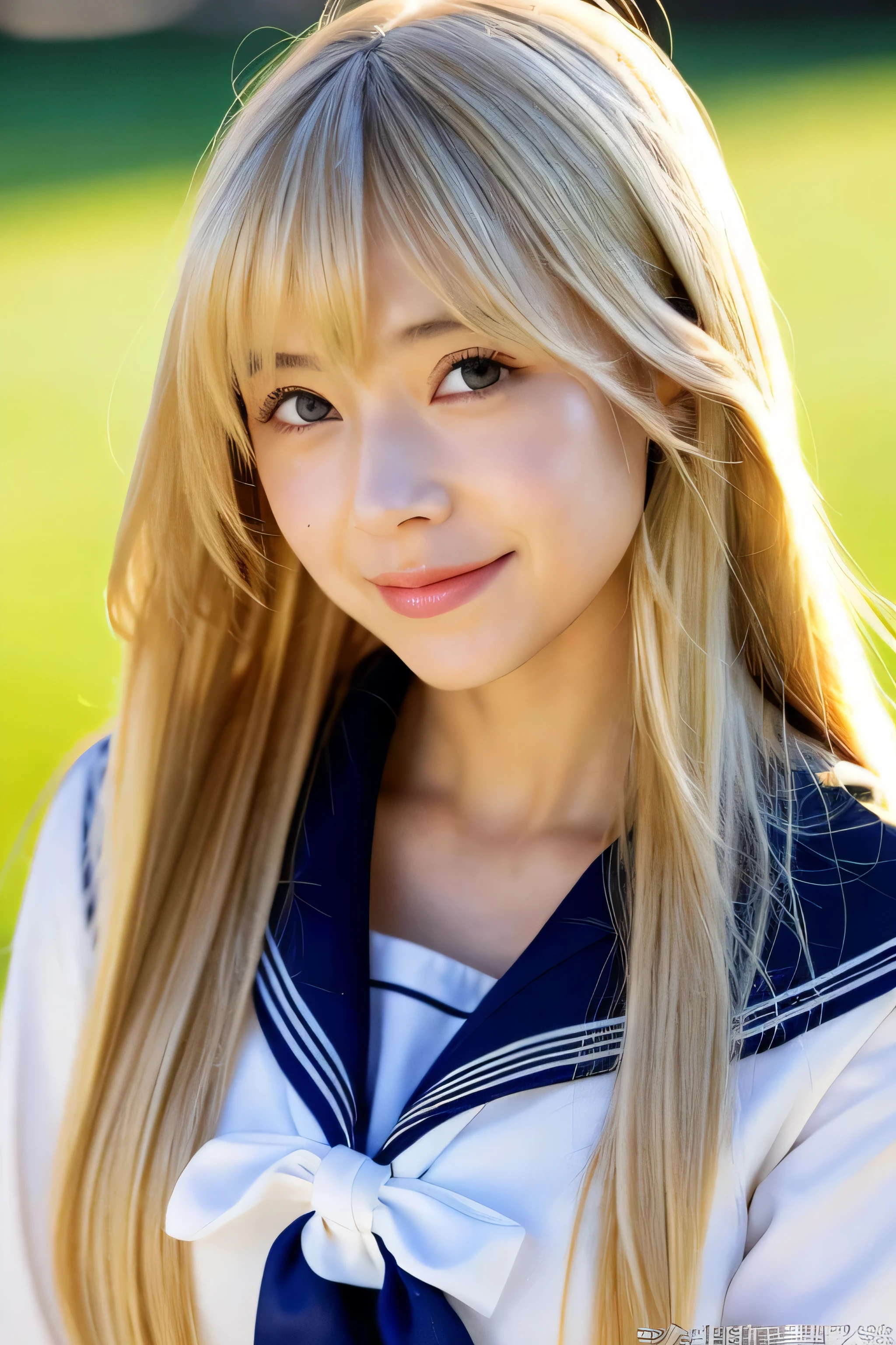 ((highest quality)), ((masterpiece)), (be familiar with), perfect face (1 girl) (Japanese) (She is the cutest 12-year-old junior high school girl in Japan.)((highest quality)), ((masterpiece)), (become familiar with), perfect face arafed woman with long blonde hair long golden shiny hair,Golden silky hair, Straight blonde hair, long blonde straight hair, Perfect silky straight hair, Straight blonde hair, long blonde hair, her hair is long and straight, detailed long blonde hair (Big breasts as big as dodgeballs 1.4)(big breasts 1.4) (Super long hair down to the ankles) neat bangs The neatly trimmed bangs are princess cut and cover the entire forehead.. bright red lips fine hands fine fingers five fingers Sexy professional make up beautiful japanese girl face, Japanese facial features, Realistic young gravure idol with long hair Shiny long hair, long golden shiny hair, long and straight golden hair, her hair is long and straight, super long hair girl, silky hair, long blonde hair, silky hair, Long flat hair, Silky texture, with long hair, Long flowing blonde hair, thin and shiny hair Detailed white beautiful human body anatomically correct skin detailed eyes detailed mouth the corners of the mouth rise slightly (lips are thin) blushing face front view A cheerful smile (sailor suit) (Facing forward on a sunny day in the grass) (looking at the viewer) (Eyebrows are dark brown in color) Please cover your entire body from head to ankles.