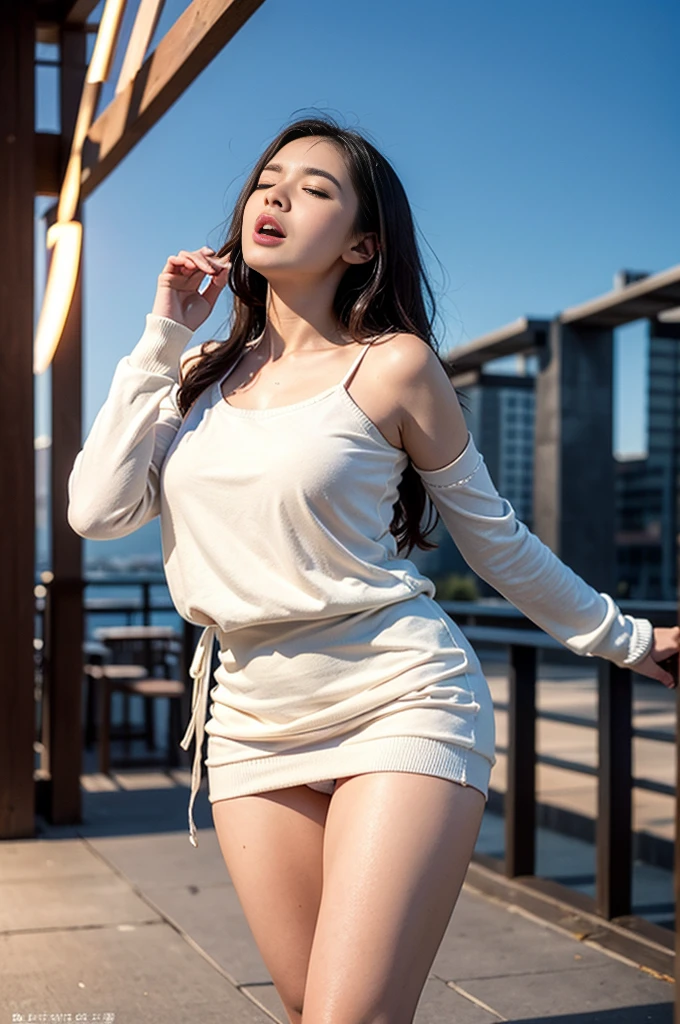 (((Highest image quality、best quality、32K hours、stock ticker、Original photo 1.2、Very clear images、Very clear images quality、lifelike1.3、super photography，best quality，)))、 winter，Beautiful 1920s shoulder sweater，lace pantyhose, White top and bottom underwear, Random color，long sweater，、、my pussy feels so good、Raw photo with both eyes closed, cute face、Body、Esbian、a camisole、look up、plus size models、feeling of ecstasy、eyes closed、deep sadness、sadness、look up at the sky、open mouth、scream、 Writing limit depth，real light，Ray tracing，Overclocked renderer，UE5 renderer，masterpiece，correct anatomy.Put your hands on your hips 1.5、I feel very、
