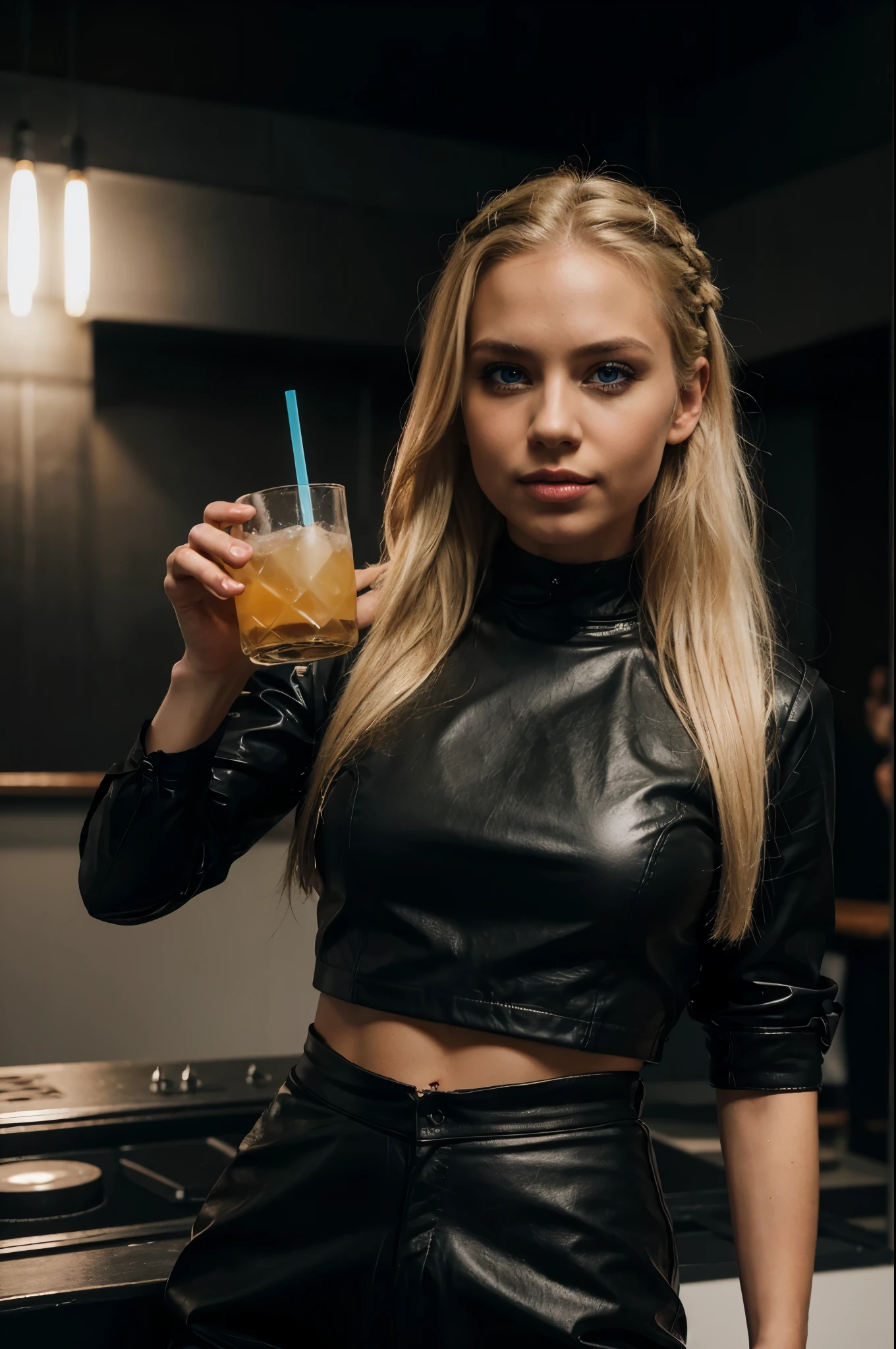 show the tongue, mouth open, partying in a techno club, holding a drink, black outfit, looking to the left side, no eye contact, evening, dark lights, best quality, Meisterwerk, Realistisches Foto, Komplizierte Details, RAW-Foto, Ultra-detailliert, blondes haar, cute face, Body size B, blondes Haar, perfekte und blaue Augen, HD quality, 8K, young woman, 20 Jahre alt