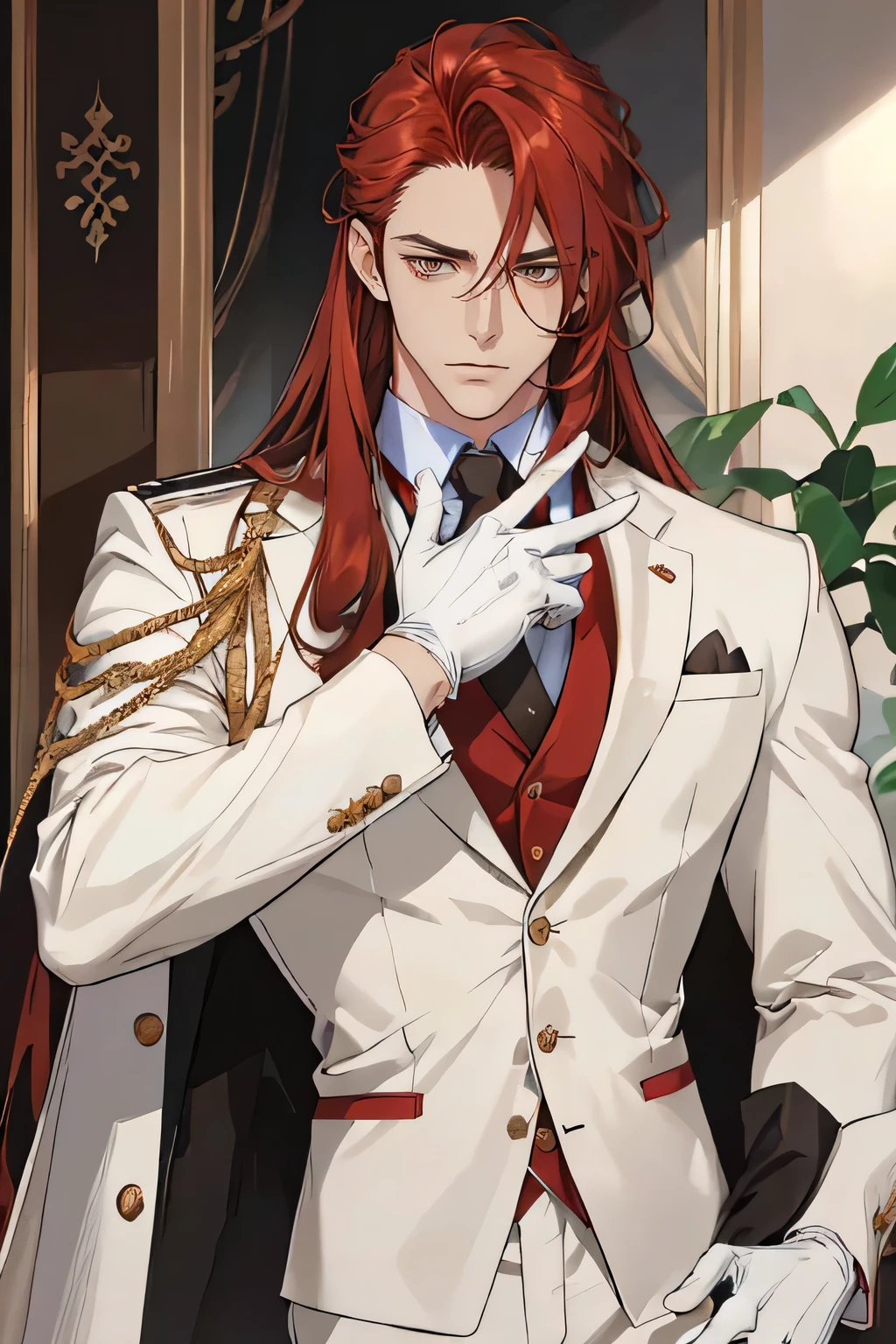 ((master part:1.2, best quality)), 4k, 1 man, adult, mature, Handsome, medium long hair, forehead, white suit, portrait, Extremely detailed face, defined body, light brown eyes, red hair, white gloves (Muscle:1.4, broad shoulders:1.4, disciplined body)