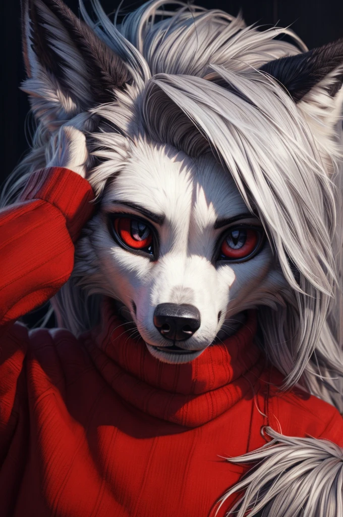 Furry art, breathtaking furry art, realistic furry, anthro white wolf, female wolf, black makeup, red eyes with black sclera, wearing red sweater, one hand is above the head, silver hairs, black ears, sensual, loona, claws, close-up,(pixelsketcher pikaflufftulf hioshiru artstyle), 75mm canon shot, ultra realistic, slim anthro,(white pupils), small wolf's chin, cute female anthro,( big eyes),(big hyrids)