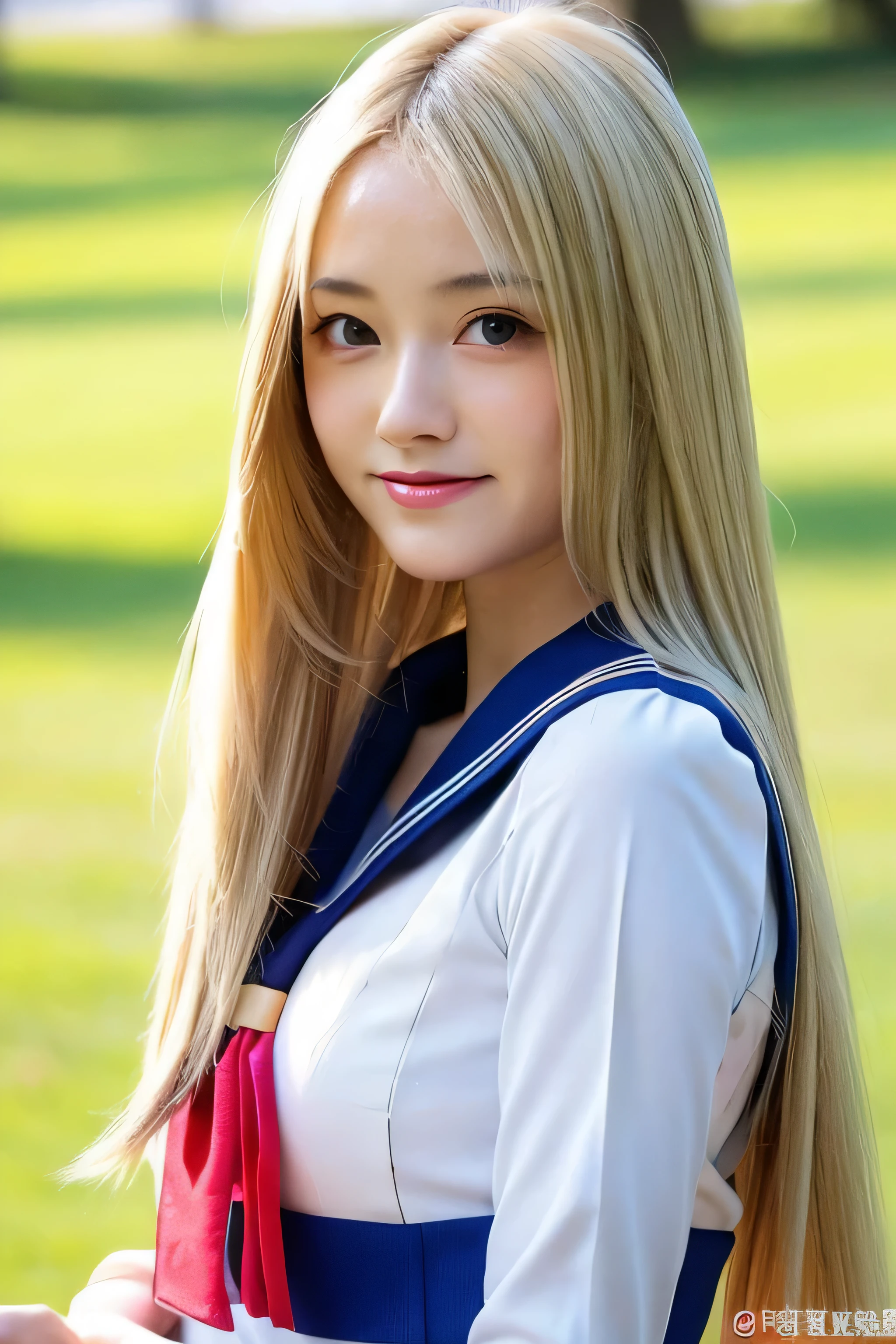 ((highest quality)), ((masterpiece)), (be familiar with), perfect face (1 girl) (Japanese) (She is the cutest 12-year-old junior high school girl in Japan.)((highest quality)), ((masterpiece)), (become familiar with), perfect face arafed woman with long blonde hair long golden shiny hair,Golden silky hair, Straight blonde hair, long blonde straight hair, Perfect silky straight hair, Straight blonde hair, long blonde hair, her hair is long and straight, detailed long blonde hair (Big breasts as big as dodgeballs 1.4) (big breasts 1.4) (Super long hair down to the ankles) neat bangs The neatly trimmed bangs are princess cut and cover the entire forehead.. bright red lips fine hands fine fingers five fingers Sexy professional make up beautiful japanese girl face, Japanese facial features, with long hair shiny long hair, long golden shiny hair, long and straight golden hair, her hair is long and straight, super long hair girl, silky hair, long blonde hair, silky hair, Long flat hair, Silky texture, with long hair, Long flowing blonde hair, thin and shiny hair Detailed white beautiful human body anatomically correct skin detailed eyes detailed mouth the corners of the mouth rise slightly (lips are thin) blushing face front view A cheerful smile (sailor suit) (Facing forward on a sunny day in the grass) (looking at the viewer) (Eyebrows are dark brown in color) Please cover your entire body from head to ankles.