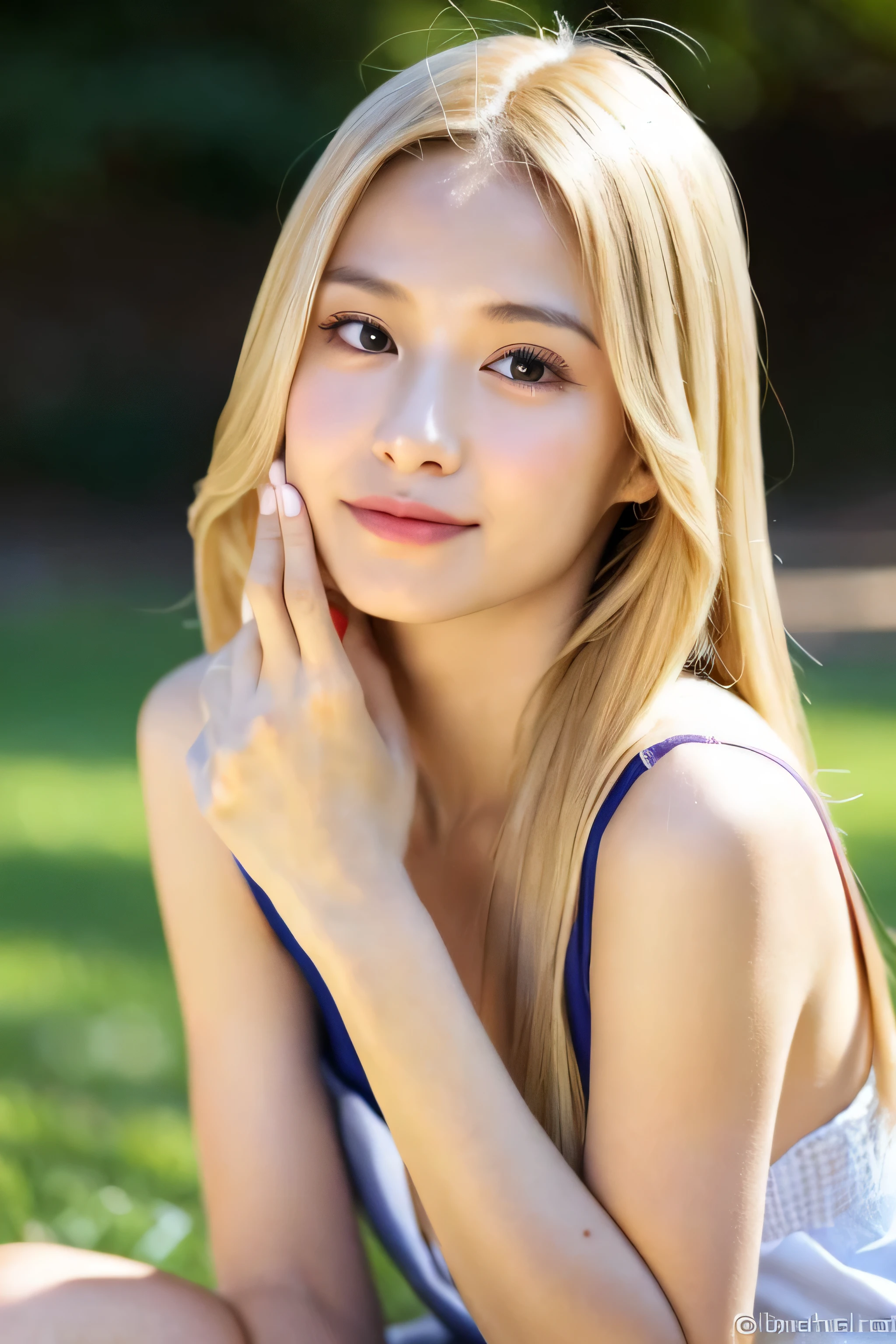 ((highest quality)), ((masterpiece)), (be familiar with), perfect face (1 girl) (Japanese) (She is the cutest 12-year-old junior high school girl in Japan.)((highest quality)), ((masterpiece)), (become familiar with), perfect face arafed woman with long blonde hair long golden shiny hair,Golden silky hair, Straight blonde hair, long blonde straight hair, Perfect silky straight hair, Straight blonde hair, long blonde hair, her hair is long and straight, detailed long blonde hair (Big breasts as big as dodgeballs 1.4) (big breasts 1.4) (Super long hair down to the ankles) neat bangs The neatly trimmed bangs are princess cut and cover the entire forehead.. bright red lips fine hands fine fingers five fingers Sexy professional make up beautiful japanese girl face, Japanese facial features, with long hair shiny long hair, long golden shiny hair, long and straight golden hair, her hair is long and straight, super long hair girl, silky hair, long blonde hair, silky hair, Long flat hair, Silky texture, with long hair, Long flowing blonde hair, thin and shiny hair Detailed white beautiful human body anatomically correct skin detailed eyes detailed mouth the corners of the mouth rise slightly (lips are thin) blushing face front view A cheerful smile (Maid clothes) (Facing forward on a sunny day in the grass) (looking at the viewer) (Eyebrows are dark brown in color) Please cover your entire body from head to ankles.