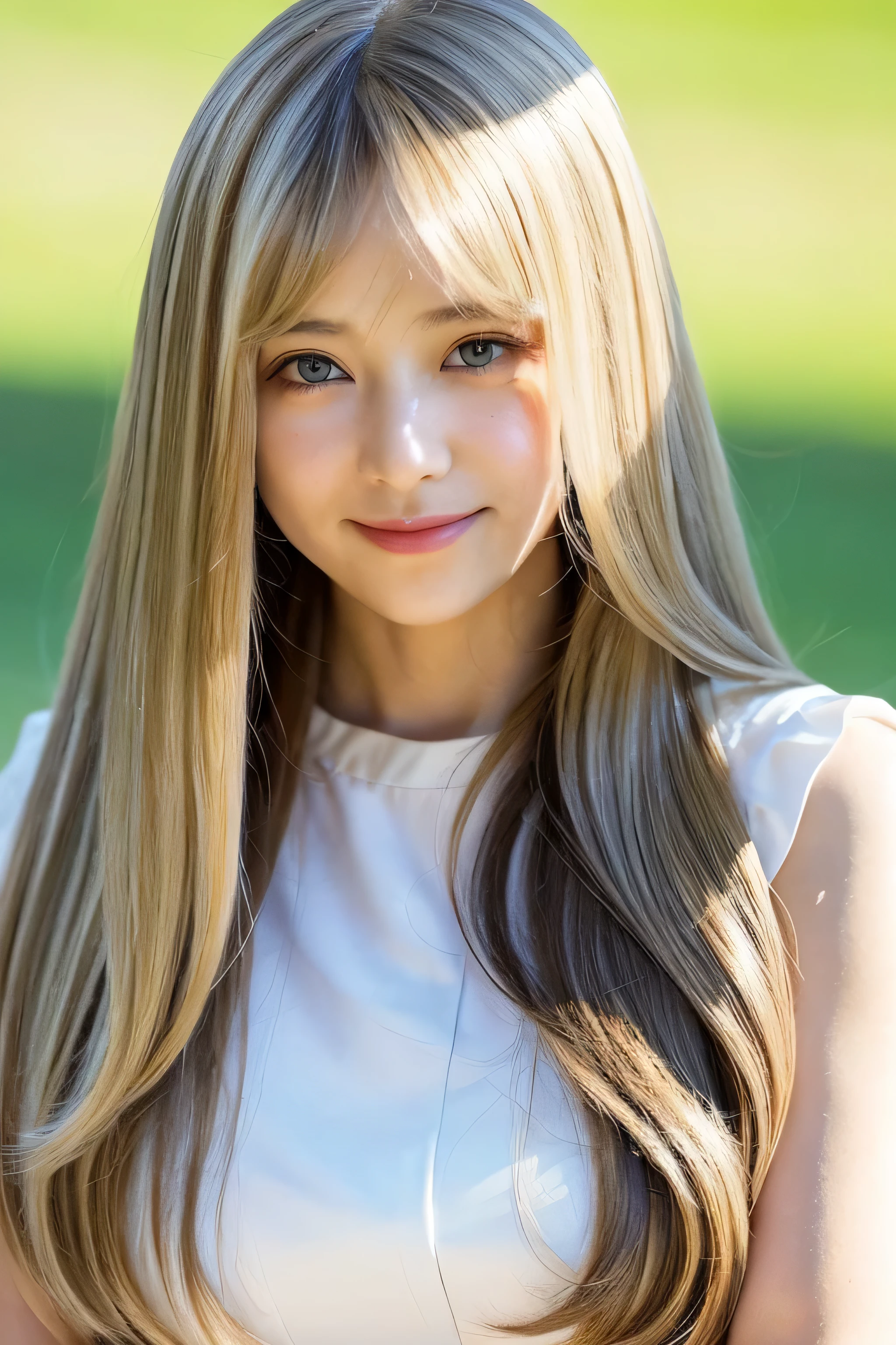 ((highest quality)), ((masterpiece)), (be familiar with), perfect face (1 girl) (Japanese) (She is the cutest -yeld juschool girl in J((highest quality)), ((masterpiece)), (become familiar with), perfect face arafed woman with long blonde hair long golden shiny hair,Golden silky hair, Straight blonde hair, long blonde straight hair, Perfect silky straight hair, Straight blonde hair, long blonde hair, her hair is long and straight, detailed long blonde hair (Big breasts as big as dodgeballs 1.4) (big breasts 1.4) (Super long hair down to the ankles) neat bangs The neatly trimmed bangs are princess cut and cover the entire forehead.. bright red lips fine hands fine fingers five fingers Sexy professional make up beautiful japanese girl face, Japanese facial features, with long hair shiny long hair, long golden shiny hair, long and straight golden hair, her hair is long and straight, super long hair girl, silky hair, long blonde hair, silky hair, Long flat hair, Silky texture, with long hair, Long flowing blonde hair, thin and shiny hair Detailed white beautiful human body anatomically correct skin detailed eyes detailed mouth the corners of the mouth rise slightly (lips are thin) blushing face front view A cheerful smile (Maid clothes) (Facing forward on a sunny day in the grass) (looking at the viewer) (Eyebrows are dark brown in color) Please cover your entire body from head to ankles.