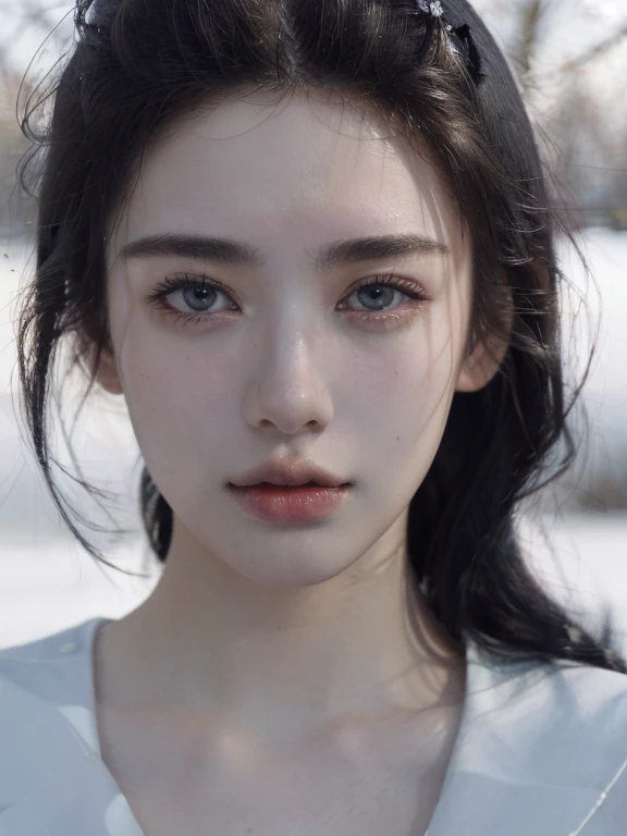 ( masterpiece, top quality, best quality,8k,17 years old girl,ultra detailed,raw photo:1.5),(photorealistic:1.4), (black hair:1.5), (cinematic lighting), PerfectNwsjMajic, , Surrealism, UHD, ccurate, Super detail, textured skin, High detail, Best quality, dynamic angle, White skin,[Beautiful blue eyes], high nose,[flat chest:large breasts:0.5],(1girl),(good anatomy:0.5)),(Portrait:1.5),snow