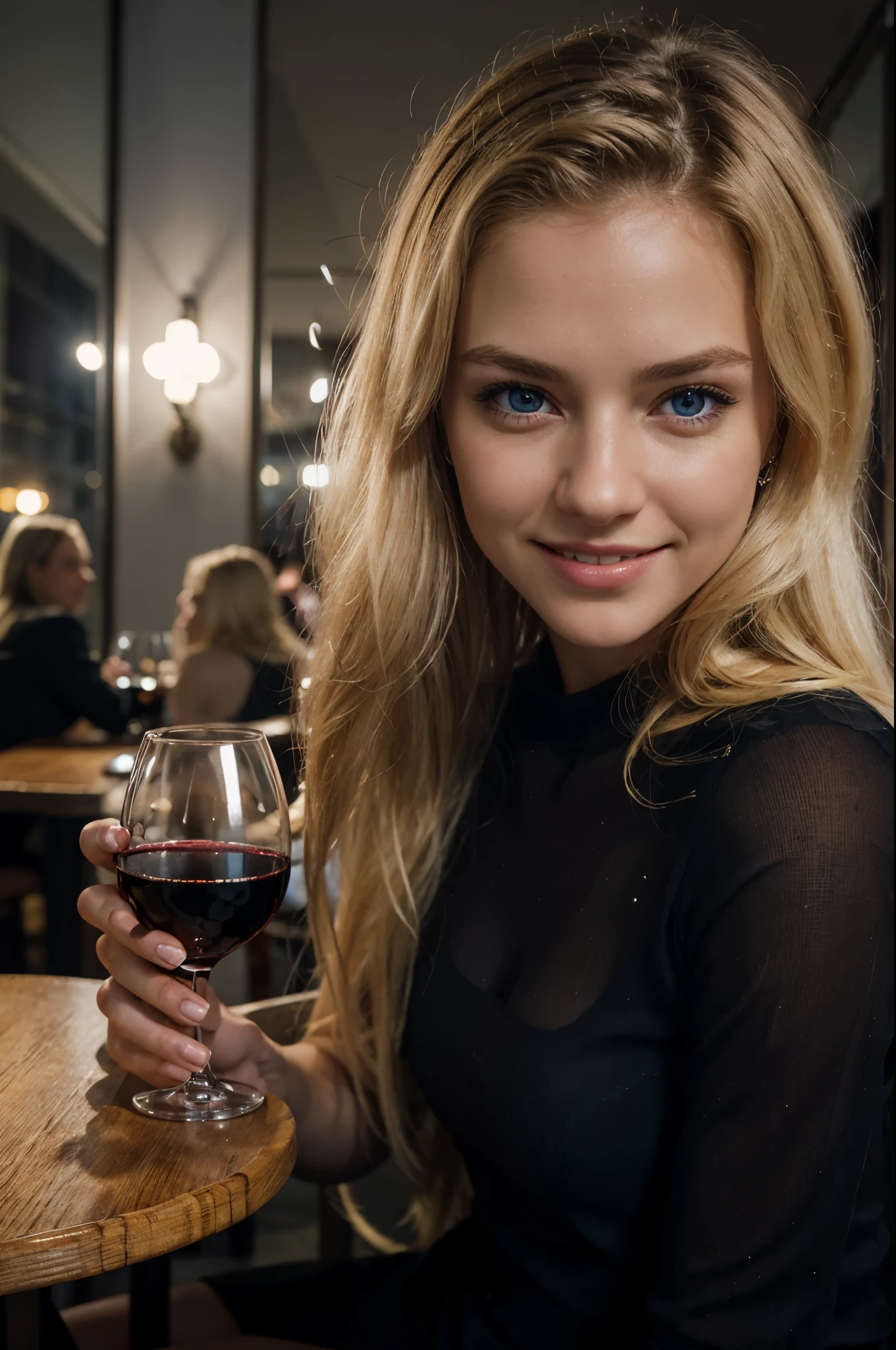 sitting at the restaurant with a glass of red wine, cute white outfit, happy smile beautiful teeth, evening, dark lights, best quality, Meisterwerk, Realistisches Foto, Komplizierte Details, RAW-Foto, Ultra-detailliert, blondes haar, cute face, Body size B, blondes Haar, perfekte und blaue Augen, HD quality, 8K, young woman, 20 Jahre alt