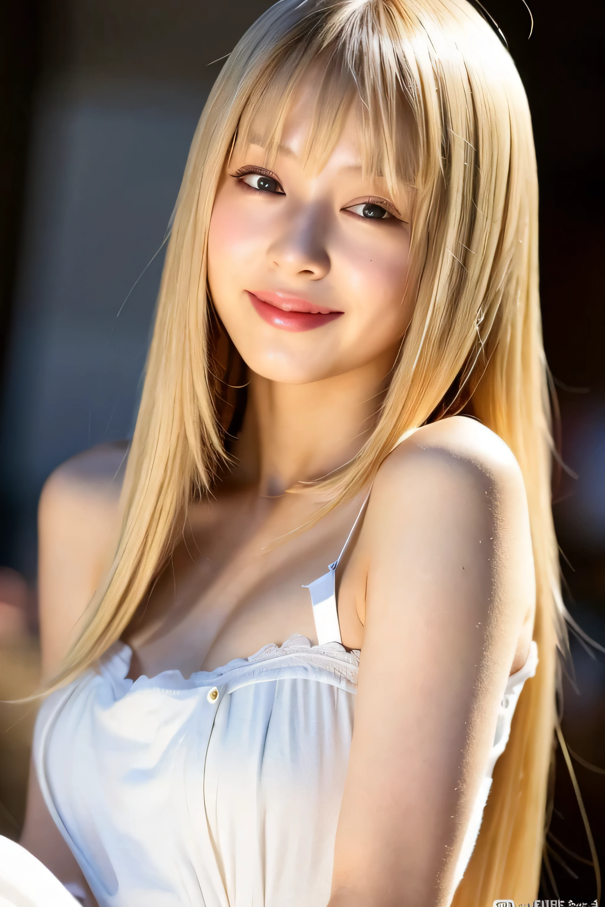 ((highest quality)), ((masterpiece)), (be familiar with), perfect face　(1 girl)　(Japanese)　(She is the cutest -yeld juschool girl in J((highest quality)), ((masterpiece)), (become familiar with), perfect face　arafed woman with long blonde hair 　long golden shiny hair,Golden silky hair, Straight blonde hair, long blonde straight hair, Perfect silky straight hair, Straight blonde hair, long blonde hair, her hair is long and straight, detailed long blonde hair　(Big breasts as big as dodgeballs 1.4)　(big breasts 1.4)　(Super long hair down to the ankles)　neat bangs　The neatly trimmed bangs are princess cut and cover the entire forehead..　bright red lips　fine hands　fine fingers　five fingers　Sexy professional make up　beautiful japanese girl face, Japanese facial features, with long hair shiny long hair, long golden shiny hair, long and straight golden hair, her hair is long and straight, super long hair girl, silky hair, long blonde hair, silky hair, Long flat hair, Silky texture, with long hair, Long flowing blonde hair, thin and shiny hair　Detailed white beautiful human body anatomically correct skin　detailed eyes　detailed mouth　the corners of the mouth rise slightly　(lips are thin)　blushing face　front view　laugh with your mouth wide open　(A maid outfit with lots of frills)　(The location is a maid cafe)　(looking at the viewer)　(Eyebrows are dark brown in color)　Please cover your entire body from head to ankles.