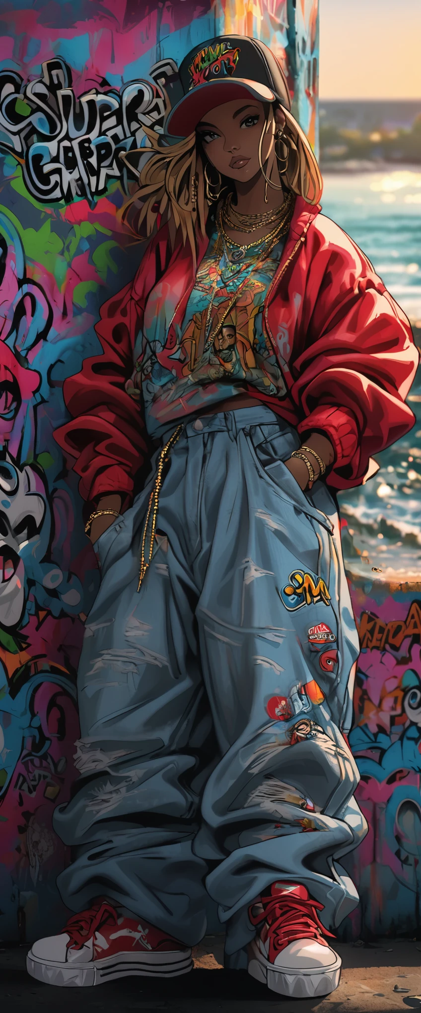Full color drawing of Jamaica hip hop, hip hop, hip hop, hip hop, baggy jeans, rap (((graffiti art) (by Karen Griffiths))), With the sea as background, Crazy details, intricate details, Super details , low contrast, Cinema soft light, exposure blending, high dynamic range, front