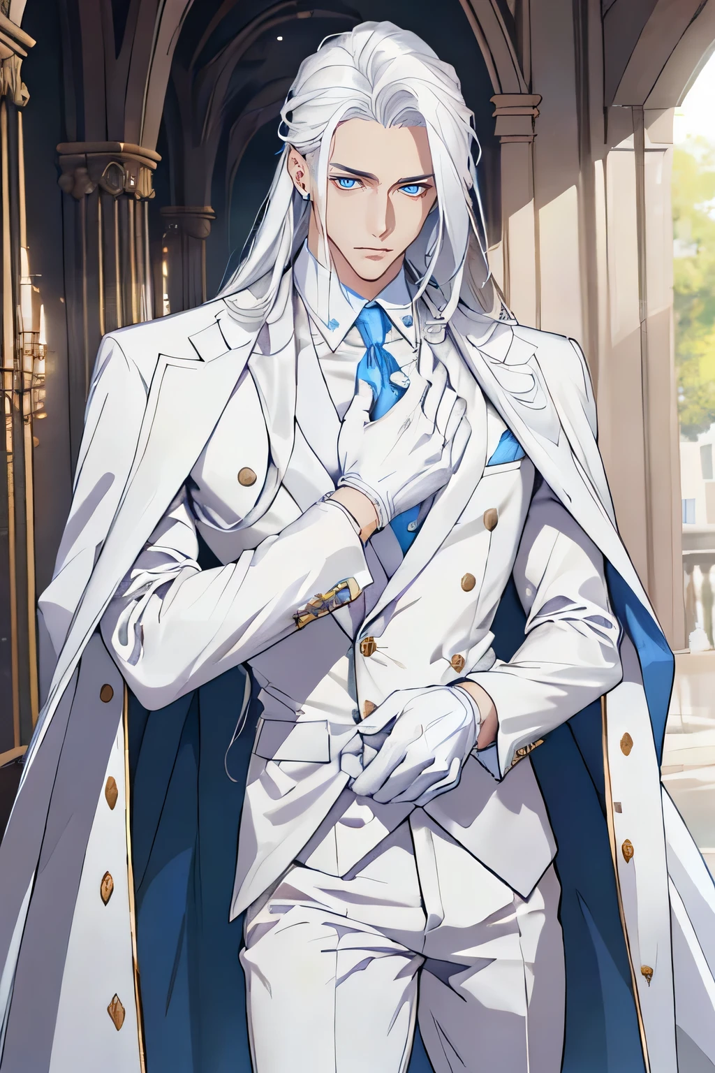 ((master part:1.2, best quality)), 4k, 1 man, adult, mature, Handsome, medium long hair, forehead, white suit, portrait, Extremely detailed face, defined body, light blue eyes, white hair, white gloves (Muscle:1.4, broad shoulders:1.4, disciplined body)