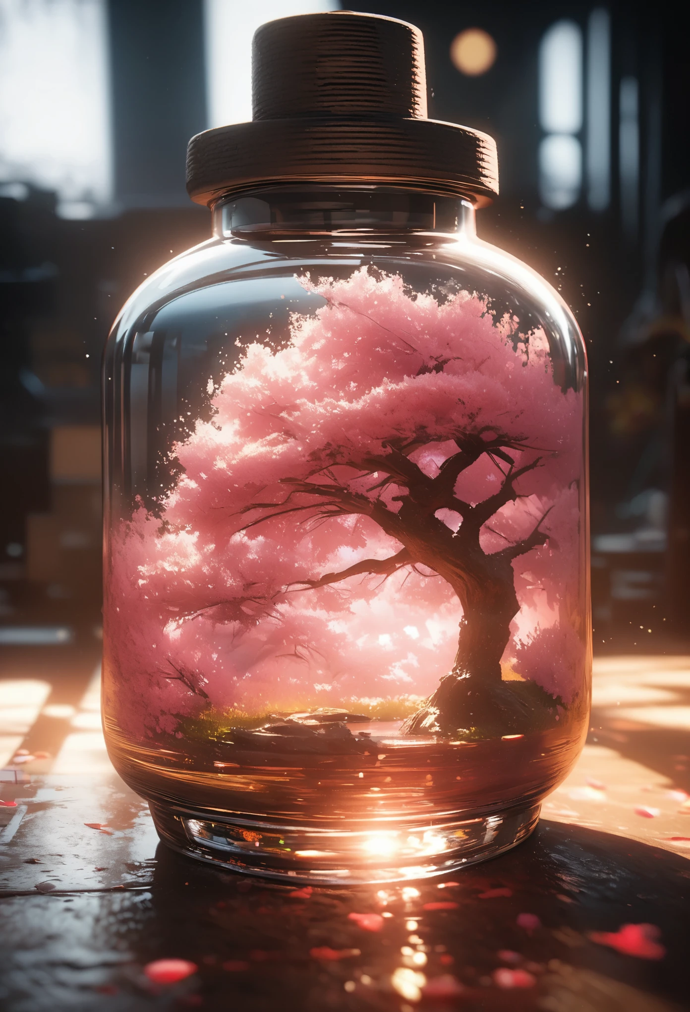 Cherry tree in a bottle, fluffy, actual, Atmospheric light refraction, Filmed by Lee Jeffries, Nikon d850 film stock photo 4 kodak portra 400 camera f1.6 shots, colorful, ultra actual actual textures, dramatic lighting, Unreal Engine trends on artstation cinestill 800, Style-Glass