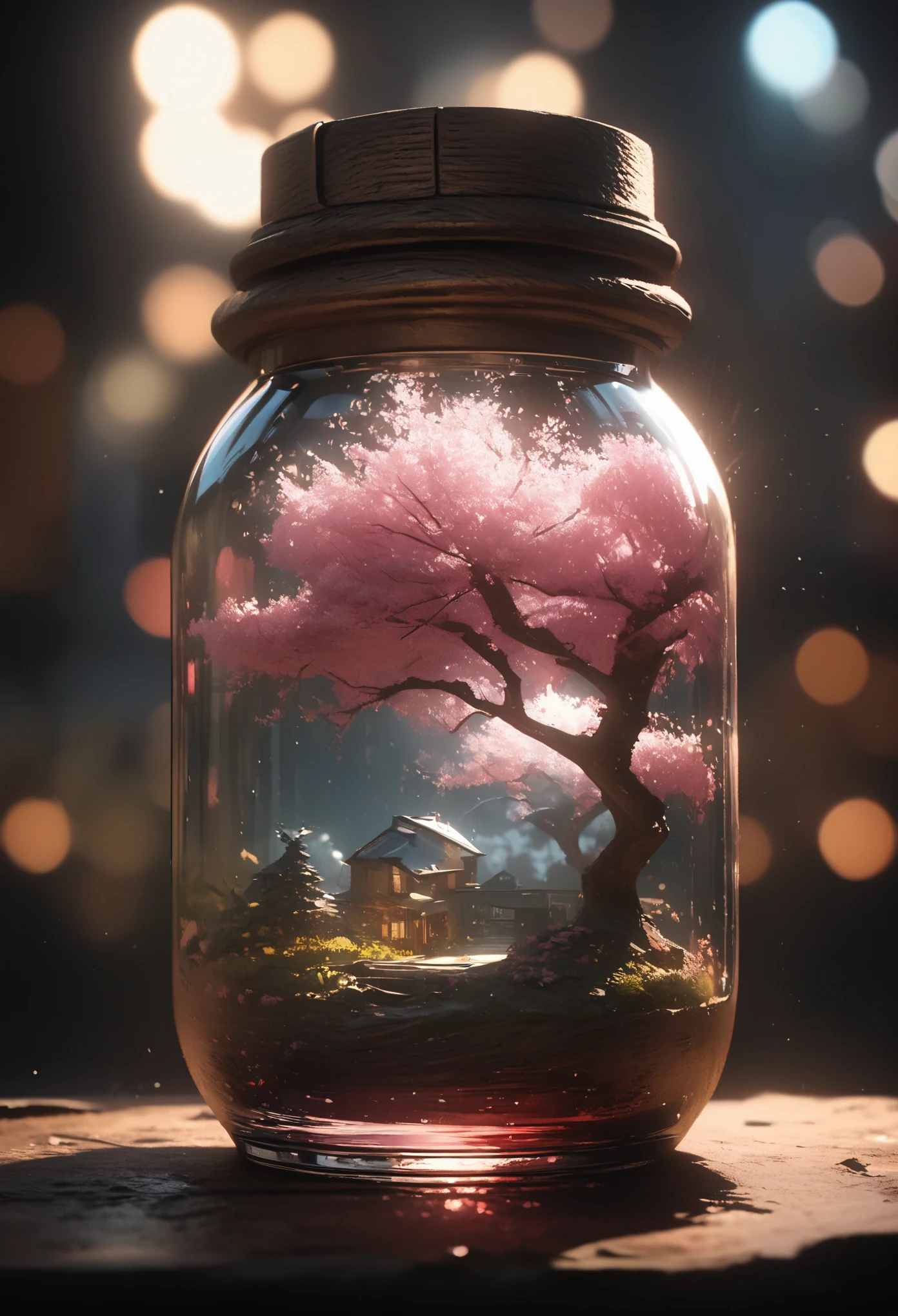 Cherry tree in a bottle, fluffy, actual, Atmospheric light refraction, Filmed by Lee Jeffries, Nikon d850 film stock photo 4 kodak portra 400 camera f1.6 shots, colorful, ultra actual actual textures, dramatic lighting, Unreal Engine trends on artstation cinestill 800, Style-Glass