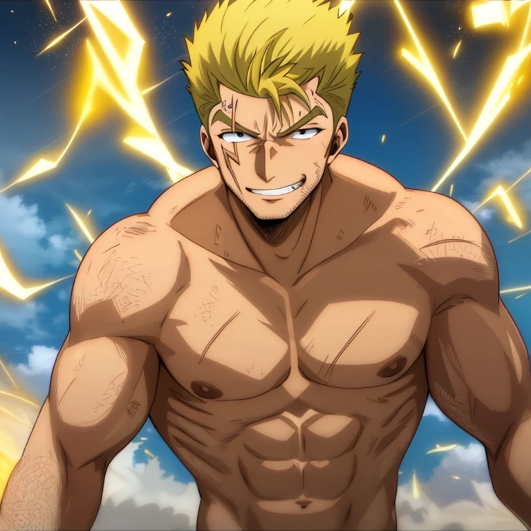 (((best quality, high resolution, masterpiece, best quality))),anime screencap, 1boy, muscular male, sweaty, masterpiece, depth of field, baseballplayer, looking at viewer, laxus_dreyar, yellow hair, chest tattoo, yellow lightning, spark, grin, dynamic pose,
