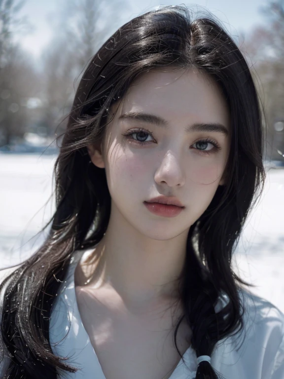 ( masterpiece, top quality, best quality,8k, girl,ultra detailed,raw photo:1.5),(photorealistic:1.4), (black hair:1.5), (cinematic lighting), PerfectNwsjMajic, , Surrealism, UHD, ccurate, Super detail, textured skin, High detail, Best quality, dynamic angle, White skin,[Beautiful blue eyes], high nose,[flat chest:large breasts:0.5],(1girl),(good anatomy:0.5)),(Portrait:1.5),snow