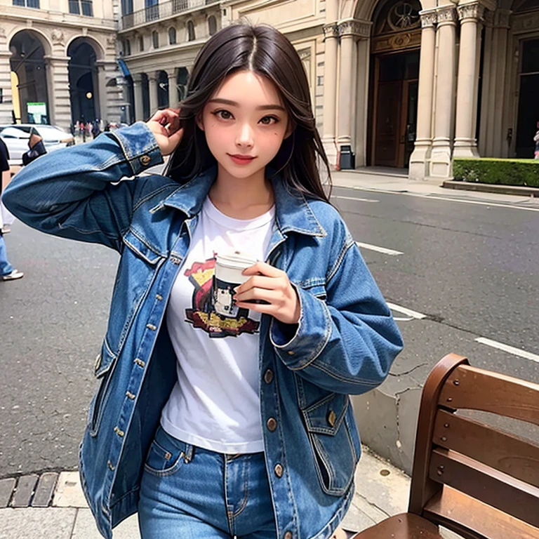1 beautiful sweet girl, 21 years old, (Best quality, masterpiece:1.2), entered Italy for a master's degree, I'm very happy, Milan city, Milan Cathedral, day, Clear weather, girl dressed in T-shirts, jeans and coat, handbag, coffee on hand, very happy