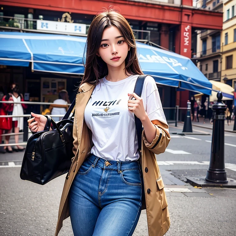 1 beautiful sweet girl, 21 years old, (Best quality, masterpiece:1.2), entered Italy for a master's degree, I'm very happy, Milan city, Milan Cathedral, day, Clear weather, girl dressed in T-shirts, jeans and coat, handbag, coffee on hand, very happy