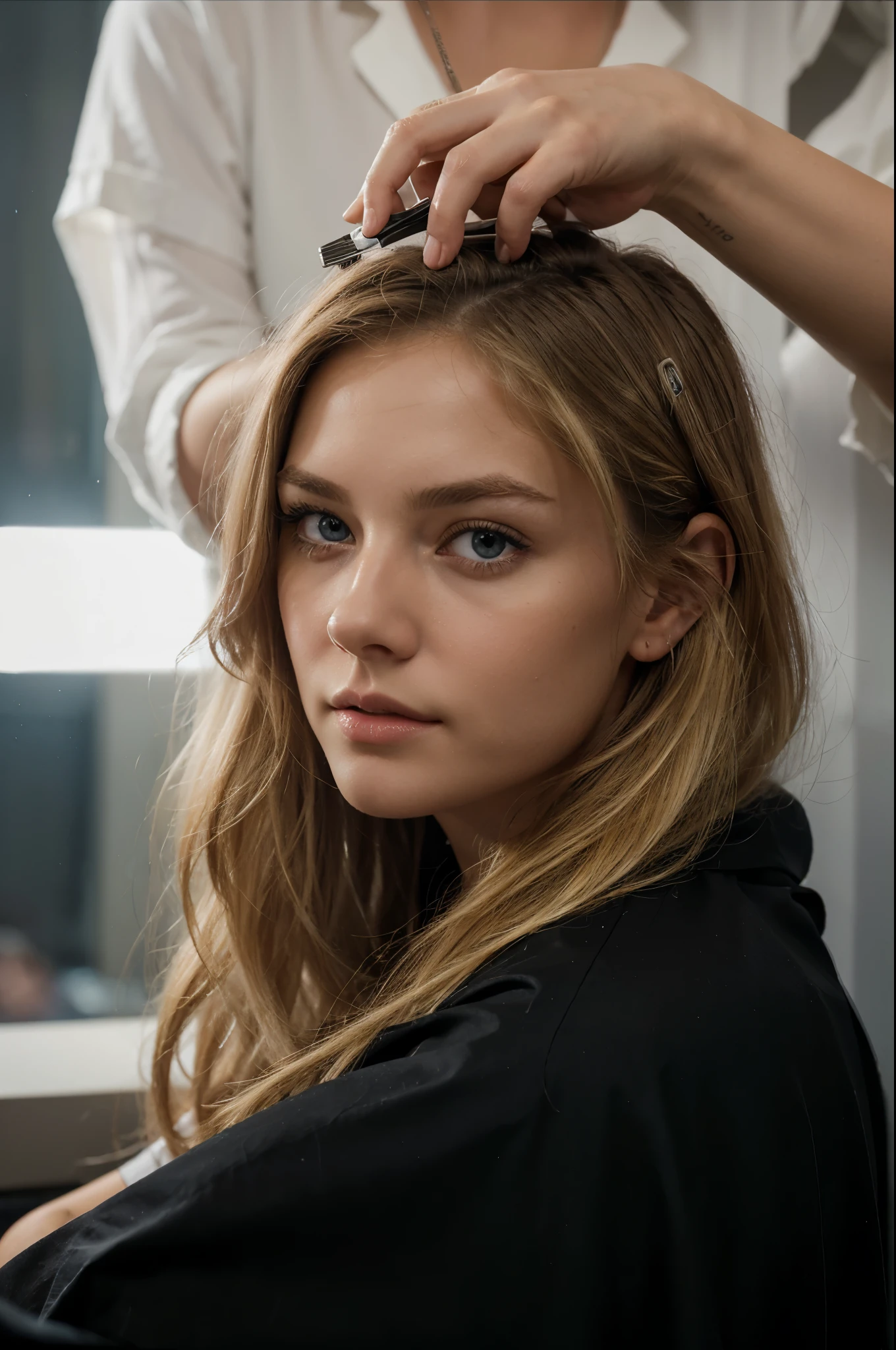 hairdresser is cutting my hair with a scissor, sitting by the hairdresser, evening, dark lights, best quality, Meisterwerk, Realistisches Foto, Komplizierte Details, RAW-Foto, Ultra-detailliert, blondes haar, cute face, Body size B, blondes Haar, perfekte und blaue Augen, HD quality, 8K, young woman, 20 Jahre alt