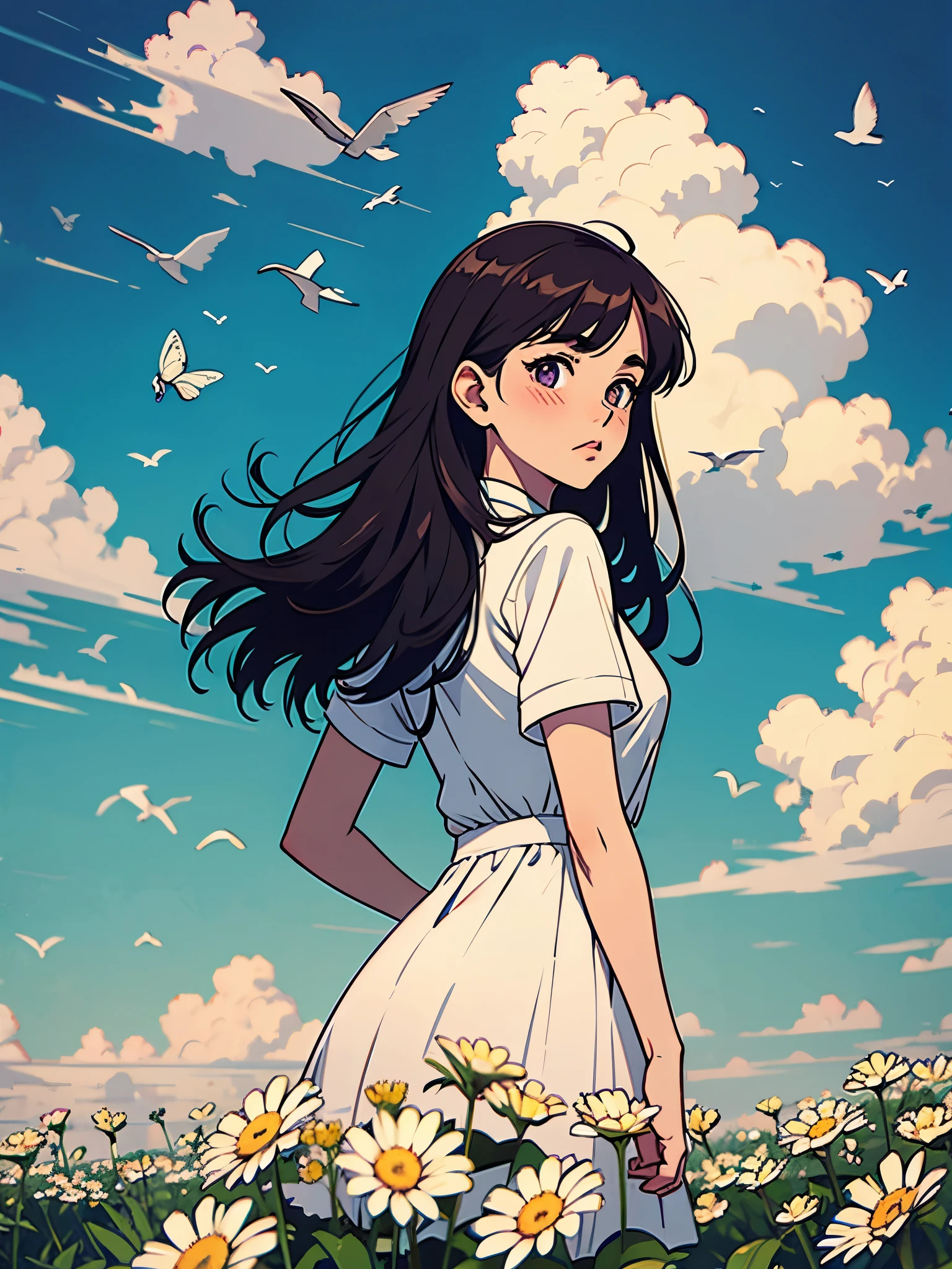 masterpiece, best quality, 1girl, bird, seagull, sky, cloud, polka_dot, blue_sky, solo, cloudy_sky, bug, butterfly, day, blush, flock, outdoors, Abigail