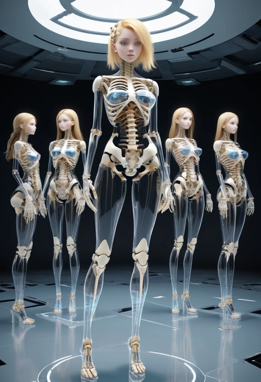 Multiple translucent, mysterious mechanical girls,
 Whole-body mechanics,
 All of them are beautiful human female faces with perfect faces.,
 All blondes,
 Everyone has a different hairstyle,
 Everyone is a machine except for their faces.,
 All of them have mysterious mechanical bodies that are translucent except for their faces.,
 Each has a different colored internal skeleton from the neck down.,
 Everyone has different breast sizes,
 all facing forward,
 All are mechanical joint girls,
 full body shot,
 everyone is standing,
 Everyone is showing each other their bodies,
 futuristic city background,
 Group Selfie
