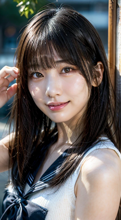 sailor suit,random pose,、(highest quality,masterpiece:1.3,超A high resolution),(super detailed,caustics),(Photoreal:1.4,RAW shooting,)ultra-realistic capture,very detailed,High resolution 16K human skin close-up、 Natural skin texture、Skin looks even-toned and healthy、 Use natural light and color,1 girl,Japanese,28 years old,cute,black haired,middle hair,,smile,,(Depth of the bounds written、chromatic aberration、wide range of lighting、natural shading,freckles,Mole under left eye