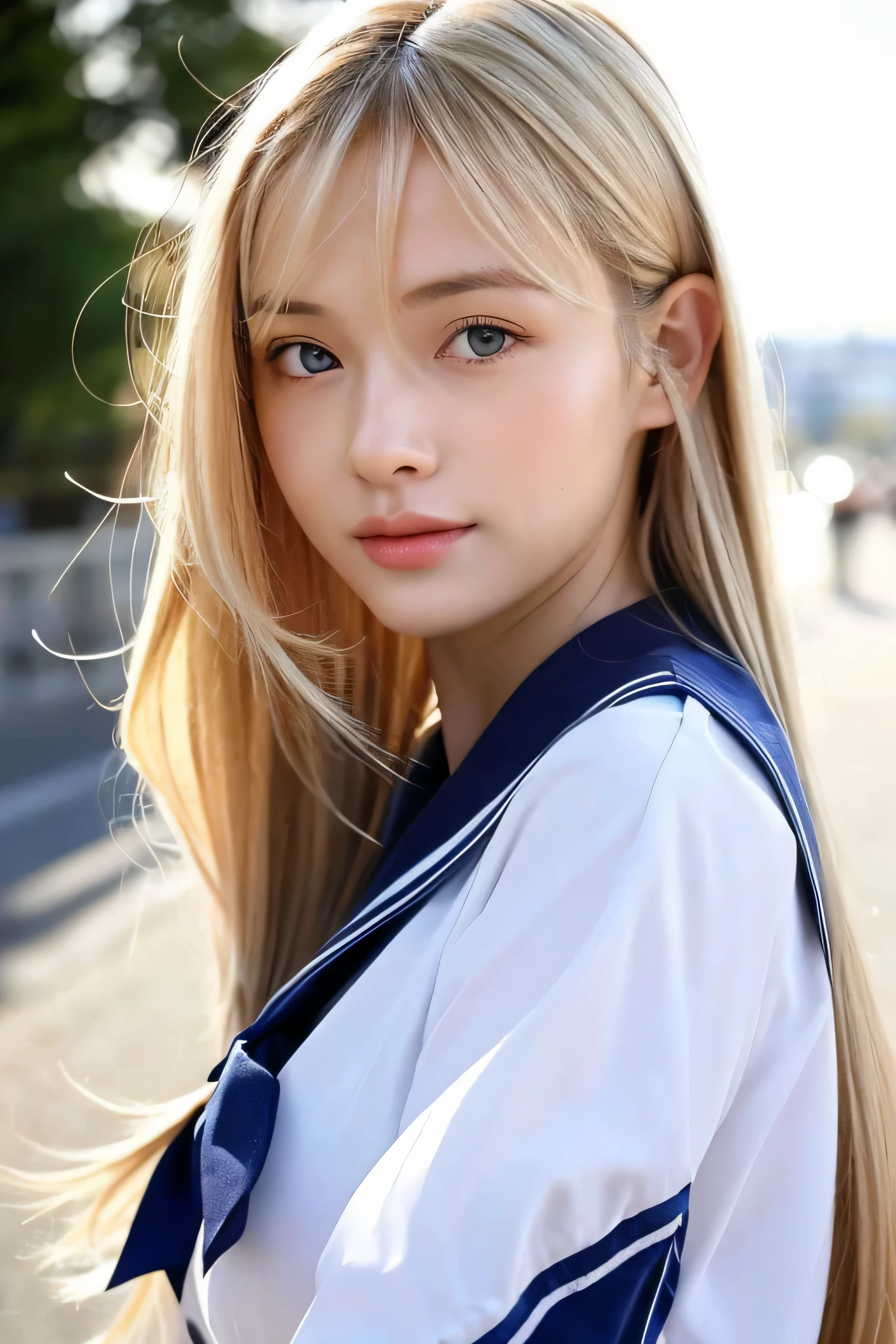 ((highest quality)), ((masterpiece)), (be familiar with), perfect face　(1 girl)　(Englishman)　(She is 18 years old and the cutest student in France)((highest quality)), ((masterpiece)), (become familiar with), perfect face　arafed woman with long blonde hair 　long golden shiny hair,Golden silky hair, Straight blonde hair, long blonde straight hair, Perfect silky straight hair, Straight blonde hair, long blonde hair, her hair is long and straight, detailed long blonde hair　(Big breasts as big as dodgeballs 1.4)　(big breasts 1.4)　(Super long hair down to the ankles)　neat bangs　The neatly trimmed bangs are princess cut and cover the entire forehead..　bright red lips　fine hands　fine fingers　five fingers　Sexy professional make up　Beautiful Caucasian girl face, Caucasian facial features, with long hair shiny long hair, long golden shiny hair, long and straight golden hair, her hair is long and straight, super long hair girl, silky hair, long blonde hair, silky hair, Long flat hair, Silky texture, with long hair, Long flowing blonde hair, thin and shiny hair　Detailed white beautiful human body anatomically correct skin　detailed eyes　detailed mouth　the corners of the mouth rise slightly　(lips are thin)　blushing face　front view　laugh with your mouth wide open　(sailor suit)　(The location is a maid cafe)　(looking at the viewer)　(Eyebrows are dark brown in color)　Please cover your entire body from head to ankles.