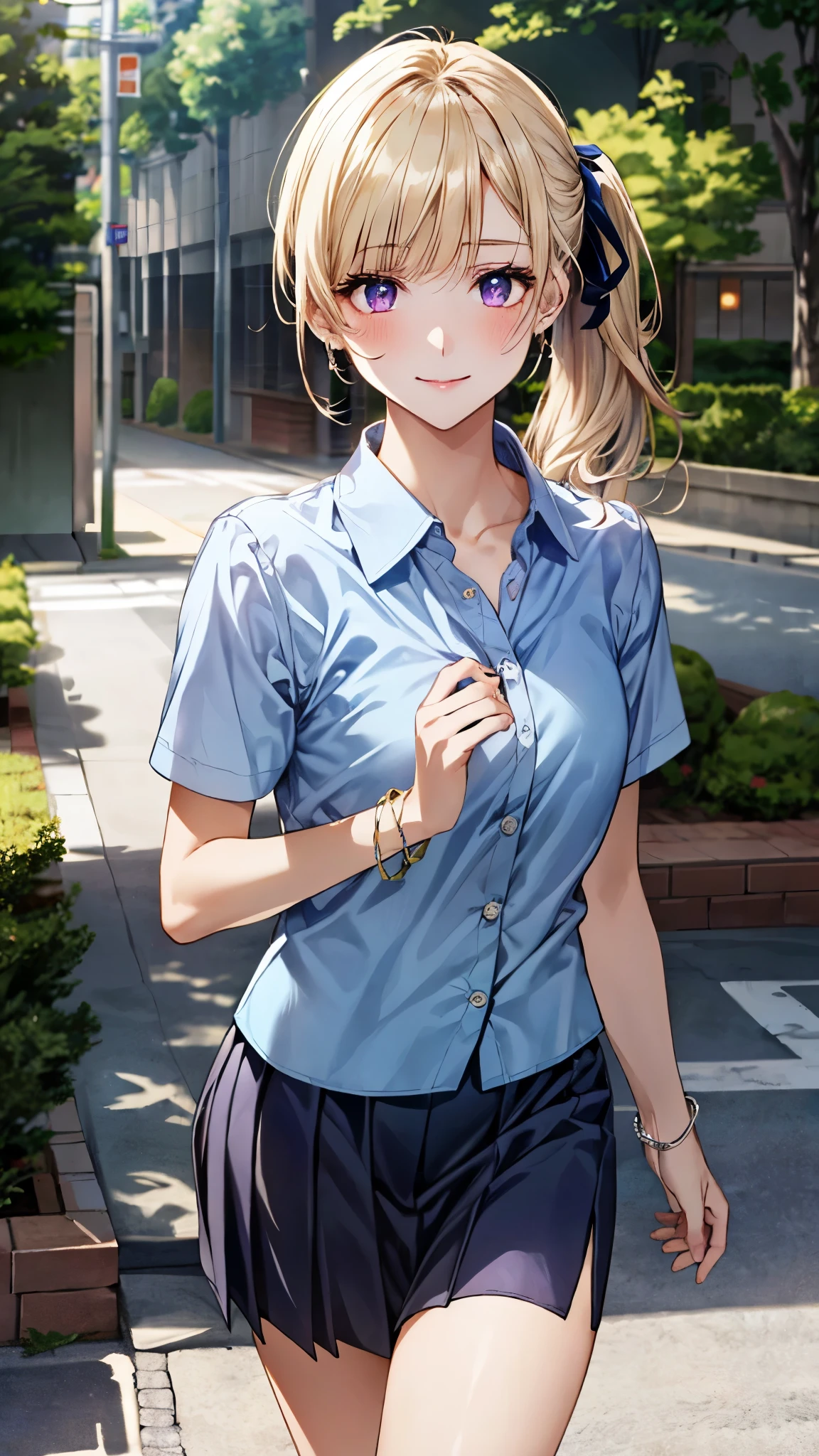 (masterpiece:1.2, top-quality), (realistic, photorealistic:1.4), beautiful illustration, (natural side lighting, movie lighting),
looking at viewer, full body, front view:0.6, 1 girl, japanese, high school girl, perfect face, cute and symmetrical face, shiny hair, shiny skin,
(middle hair, straight hair, short ponytail, ash blonde hair), crossed bangs, purple eyes), big eyes, long eye lasher, (middle breasts), 3 hairpin,
beautiful hair, beautiful face, beautiful detailed eyes, beautiful clavicle, beautiful body, beautiful chest, beautiful thigh, beautiful legs, beautiful fingers,
((short sleeve light blue collared shirt, red neck ribbon, light blue skirt), wrist chouchou, hair chouchou),
(beautiful scenery), sidewalk, (walking, skirt hold), (false smile),