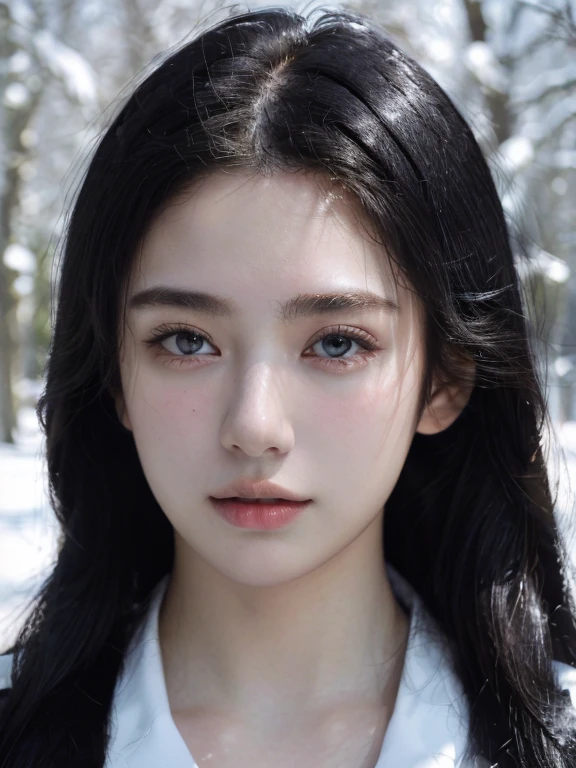 ( masterpiece, top quality, best quality,8k, girl,ultra detailed,raw photo:1.5),(photorealistic:1.4), (straight black hair:1.5), (cinematic lighting), PerfectNwsjMajic, , Surrealism, UHD, ccurate, Super detail, textured skin, High detail, Best quality, dynamic angle, White skin,[Beautiful blue eyes], high nose,[flat chest:large breasts:0.5],(1girl),(good anatomy:0.5)),(Portrait:1.5),snow