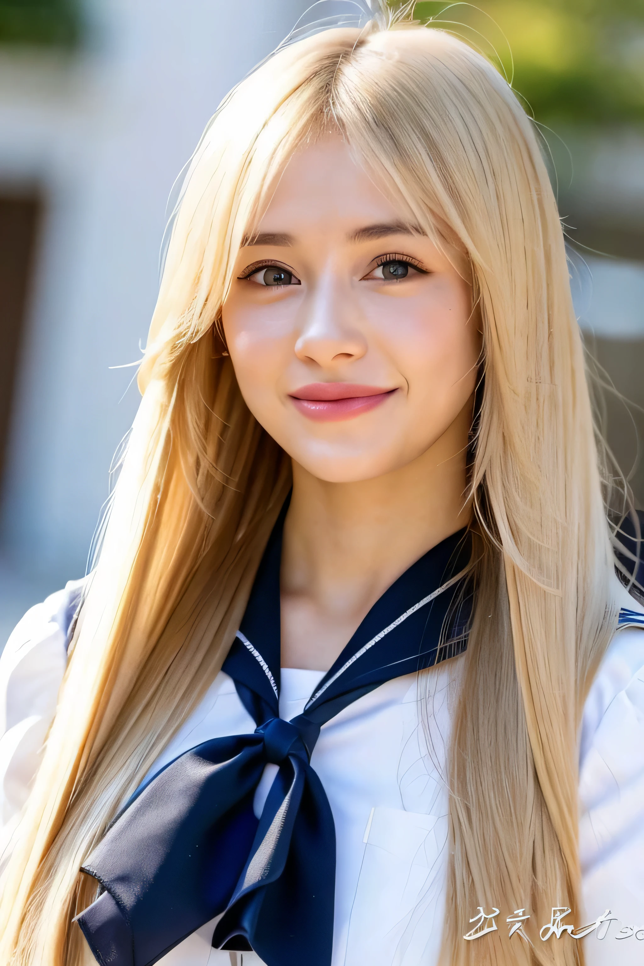 ((highest quality)), ((masterpiece)), (be familiar with), perfect face (1 girl) (Englishman) (She's 18 and the cutest student in England.)((highest quality)), ((masterpiece)), (become familiar with), perfect face arafed woman with long blonde hair long golden shiny hair,Golden silky hair, Straight blonde hair, long blonde straight hair, Perfect silky straight hair, Straight blonde hair, long blonde hair, her hair is long and straight, detailed long blonde hair (Big breasts as big as dodgeballs 1.4) (big breasts 1.4) (Super long hair down to the ankles) neat bangs The neatly trimmed bangs are princess cut and cover the entire forehead.. bright red lips fine hands fine fingers five fingers Sexy professional make up Beautiful Caucasian girl face, Caucasian facial features, with long hair shiny long hair, long golden shiny hair, long and straight golden hair, her hair is long and straight, super long hair girl, silky hair, long blonde hair, silky hair, Long flat hair, Silky texture, with long hair, Long flowing blonde hair, thin and shiny hair Detailed white beautiful human body anatomically correct skin detailed eyes detailed mouth the corners of the mouth rise slightly (lips are thin) blushing face front view laugh with your mouth wide open (sailor suit) (The location is a maid cafe) (looking at the viewer) (Eyebrows are dark brown in color) Please cover your entire body from head to ankles.