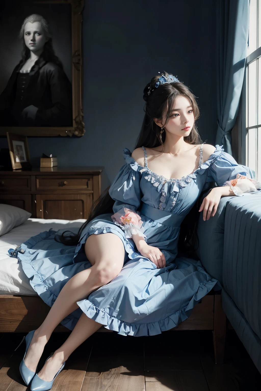 Araped woman sitting on bed in blue dress, inspired by Jean-Baptiste Van Loo(Jean-Baptiste van Loo), korean beauty, different actions, clothes:random color,