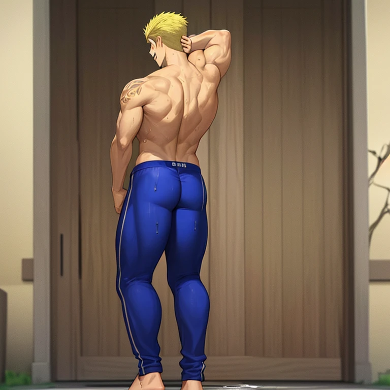 (((best quality, high resolution, masterpiece, best quality))),anime screencap, 1boy, muscular male, sweaty, masterpiece, depth of field, baseballplayer, looking at viewer, laxus_dreyar, yellow hair, chest tattoo, yellow lightning, spark, grin, dynamic pose, detailed eyes, detailed face, (((full body))), visible foot, barefoot, (((Extra large up bulges penis dripping alot white semen))), (((nude))), (((hands on back of head))), (((standing on the ground))), blond hair, grey eyes, ((light smile)), looking at viewer, embarrassed, blush, showing off muscles, masterpiece, best quality, male focus, upper body, handsome, hot, male, gay, smooth and sharp focus, Wet body.
