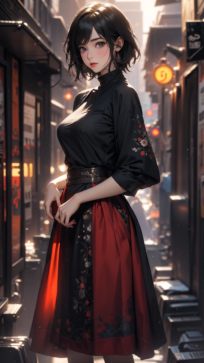 (Highly detailed CG unit 8k wallpaper, masterpiece, High resolution, highest quality), Fashion pose with hands in pockets:1.4, A cool NY fashion girl influenced by nostalgic and inorganic mode fashion., Asymmetrical short hair, detailed costume, fine embroidery, Layered maxi skirt and crew neck pullover sweater combination:1.3, blurred background, An empty alley in New York:1.2, hyper realistic, digital painting, concept art,