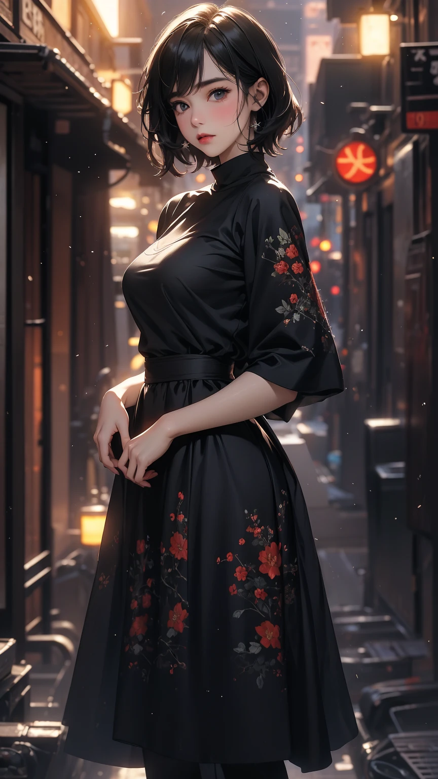 (Highly detailed CG unit 8k wallpaper, masterpiece, High resolution, highest quality), Fashion pose with hands in pockets:1.4, A cool NY fashion girl influenced by nostalgic and inorganic mode fashion., Asymmetrical short hair, detailed costume, fine embroidery, Layered maxi skirt and crew neck pullover sweater combination:1.3, blurred background, An empty alley in New York:1.2, hyper realistic, digital painting, concept art,