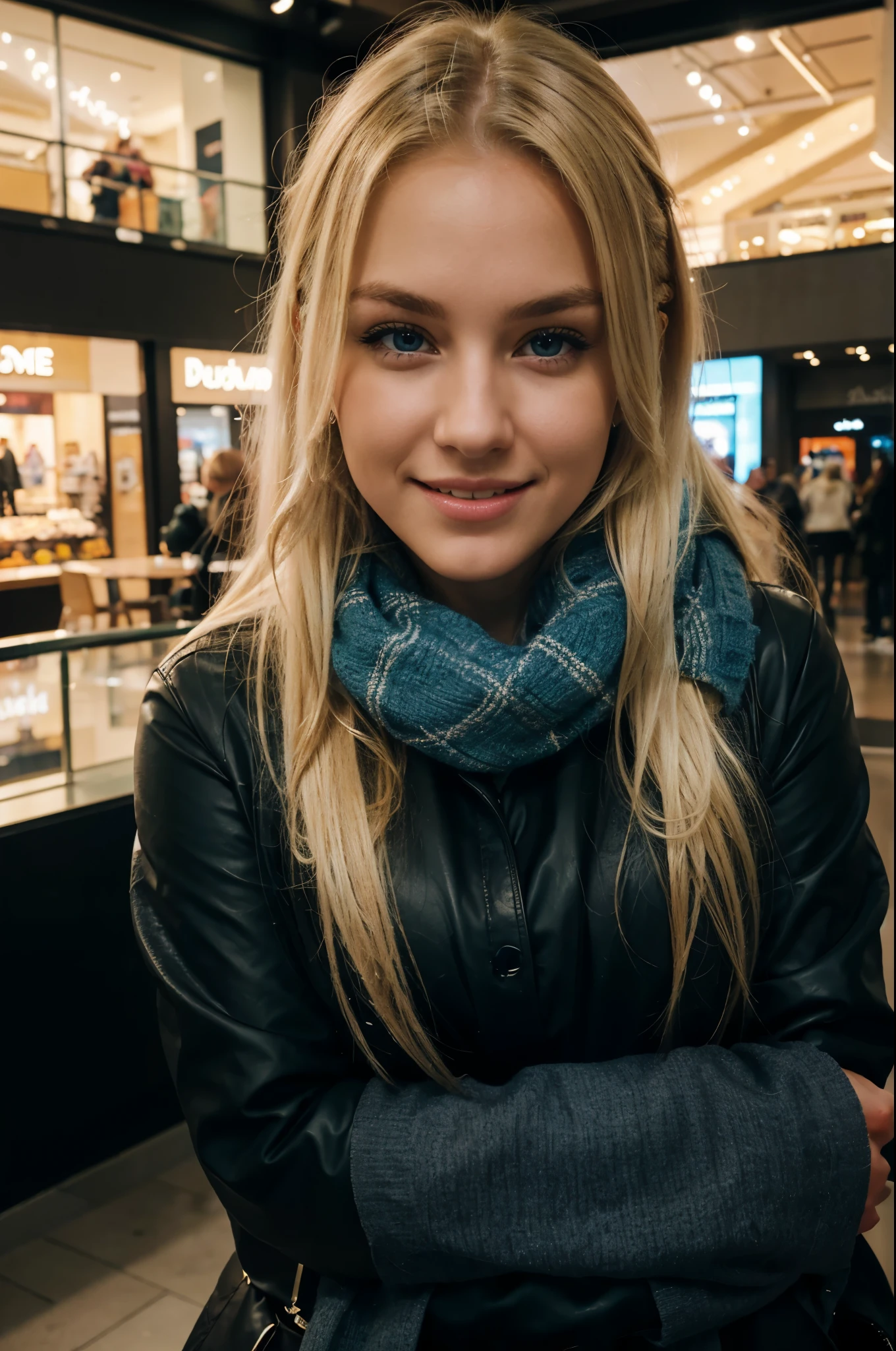 shopping in a mall, full body picture with winter outfit, winter outfit, biting on lips and smile, chubby, scarf, evening, dark lights, best quality, Meisterwerk, Realistisches Foto, Komplizierte Details, RAW-Foto, Ultra-detailliert, blondes haar, cute face, Body size B, blondes Haar, perfekte und blaue Augen, HD quality, 8K, young woman, 20 Jahre alt