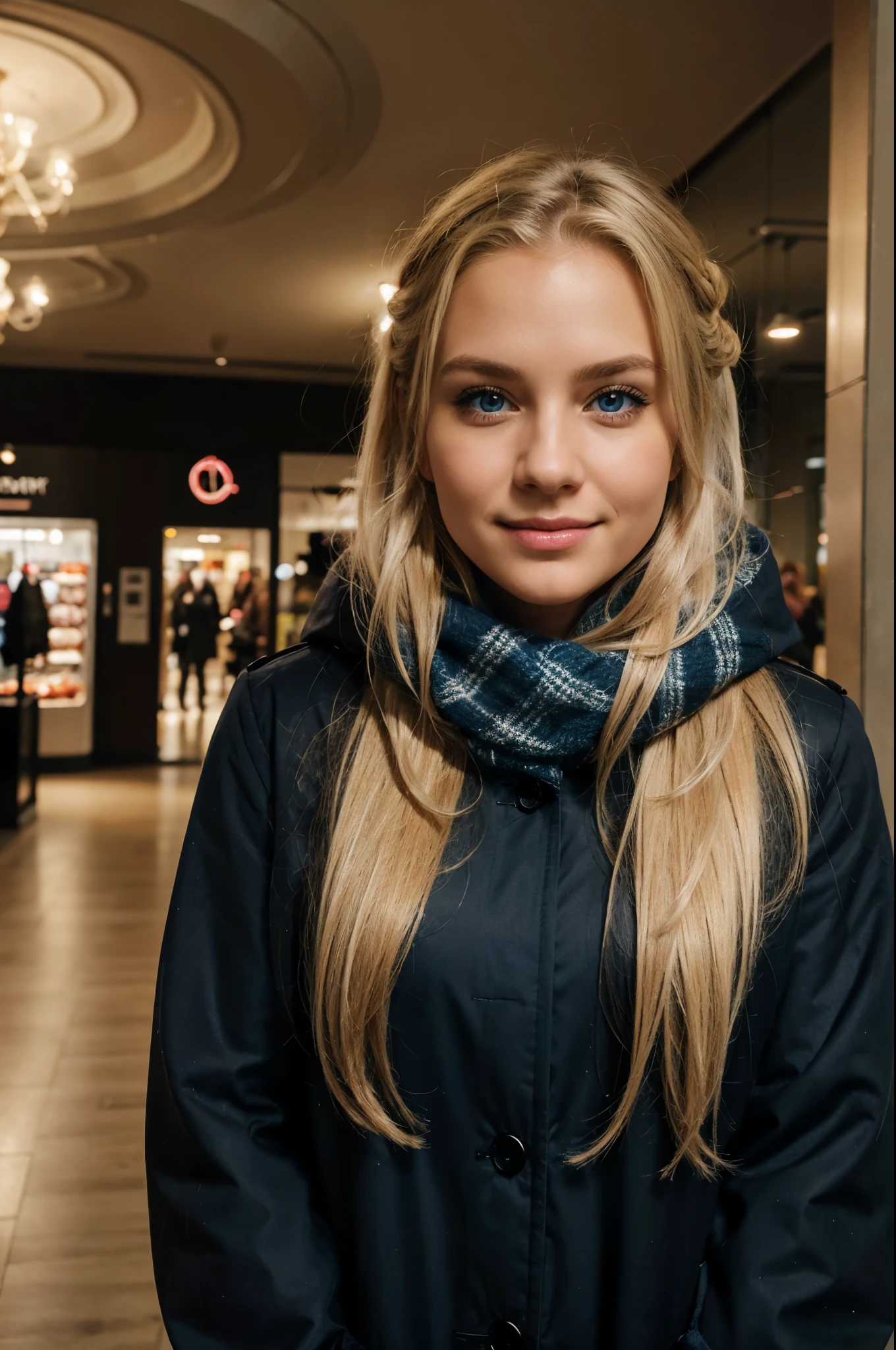biting on lips, shopping in a mall, full body picture with winter outfit, winter outfit, biting on lips and smile, chubby, scarf, evening, dark lights, best quality, Meisterwerk, Realistisches Foto, Komplizierte Details, RAW-Foto, Ultra-detailliert, blondes haar, cute face, Body size B, blondes Haar, perfekte und blaue Augen, HD quality, 8K, young woman, 20 Jahre alt