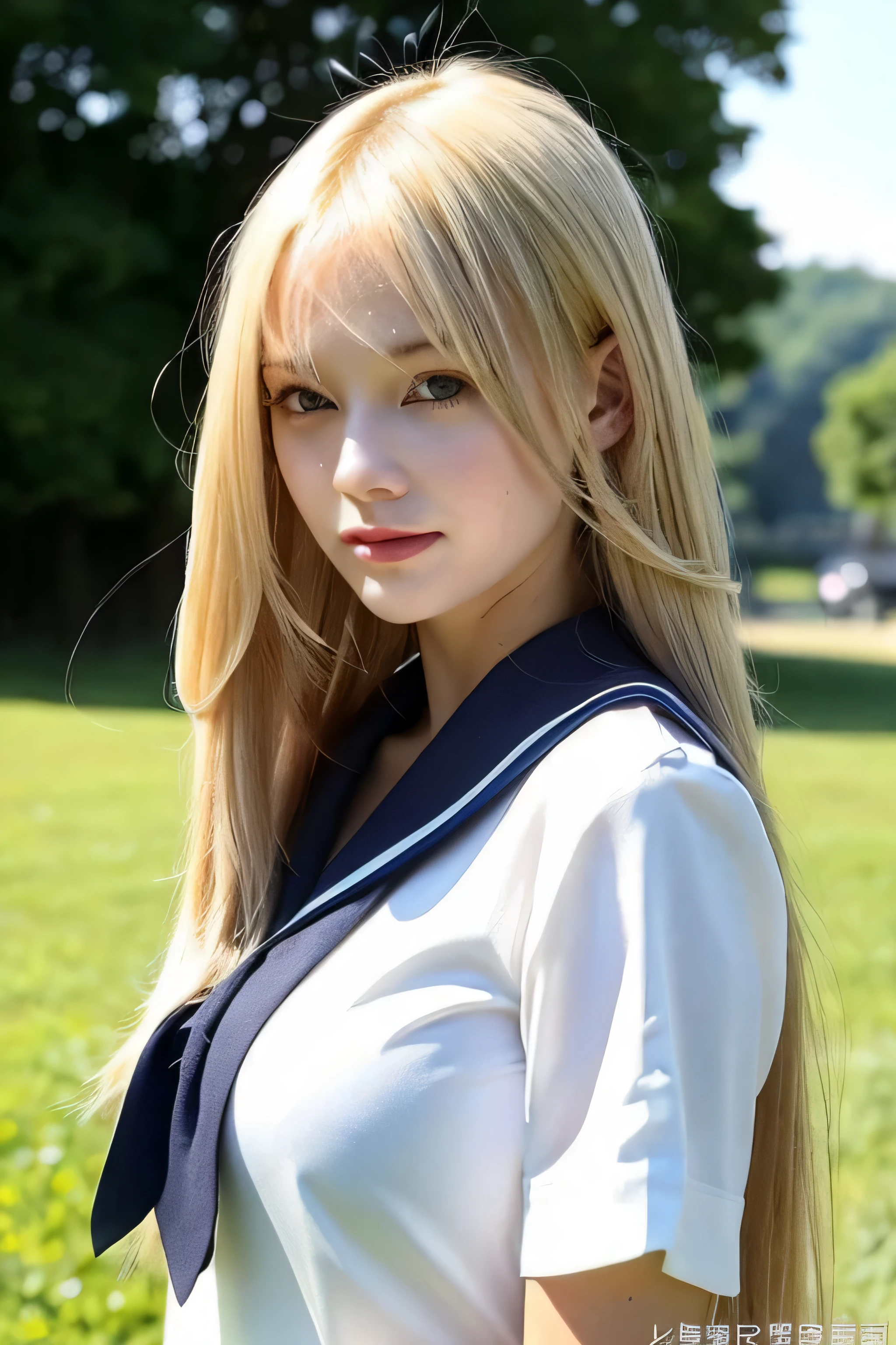 ((highest quality)), ((masterpiece)), (be familiar with), perfect face (1 girl) (Englishman) (She's 18 and the cutest student in England.)((highest quality)), ((masterpiece)), (become familiar with), perfect face arafed woman with long blonde hair long golden shiny hair,Golden silky hair, Straight blonde hair, long blonde straight hair, Perfect silky straight hair, Straight blonde hair, long blonde hair, her hair is long and straight, detailed long blonde hair (Big breasts as big as dodgeballs 1.4) (big breasts 1.4) (Super long hair down to the ankles) neat bangs The neatly trimmed bangs are princess cut and cover the entire forehead.. bright red lips fine hands fine fingers five fingers Sexy professional make up Beautiful Caucasian girl face, Caucasian facial features, with long hair shiny long hair, long golden shiny hair, long and straight golden hair, her hair is long and straight, super long hair girl, silky hair, long blonde hair, silky hair, Long flat hair, Silky texture, with long hair, Long flowing blonde hair, thin and shiny hair Detailed white beautiful human body anatomically correct skin detailed eyes detailed mouth the corners of the mouth rise slightly (lips are thin) blushing face front view sensual look (sailor suit) (sunny grassland) (looking at the viewer) (Eyebrows are dark brown in color) Please cover your entire body from head to ankles.