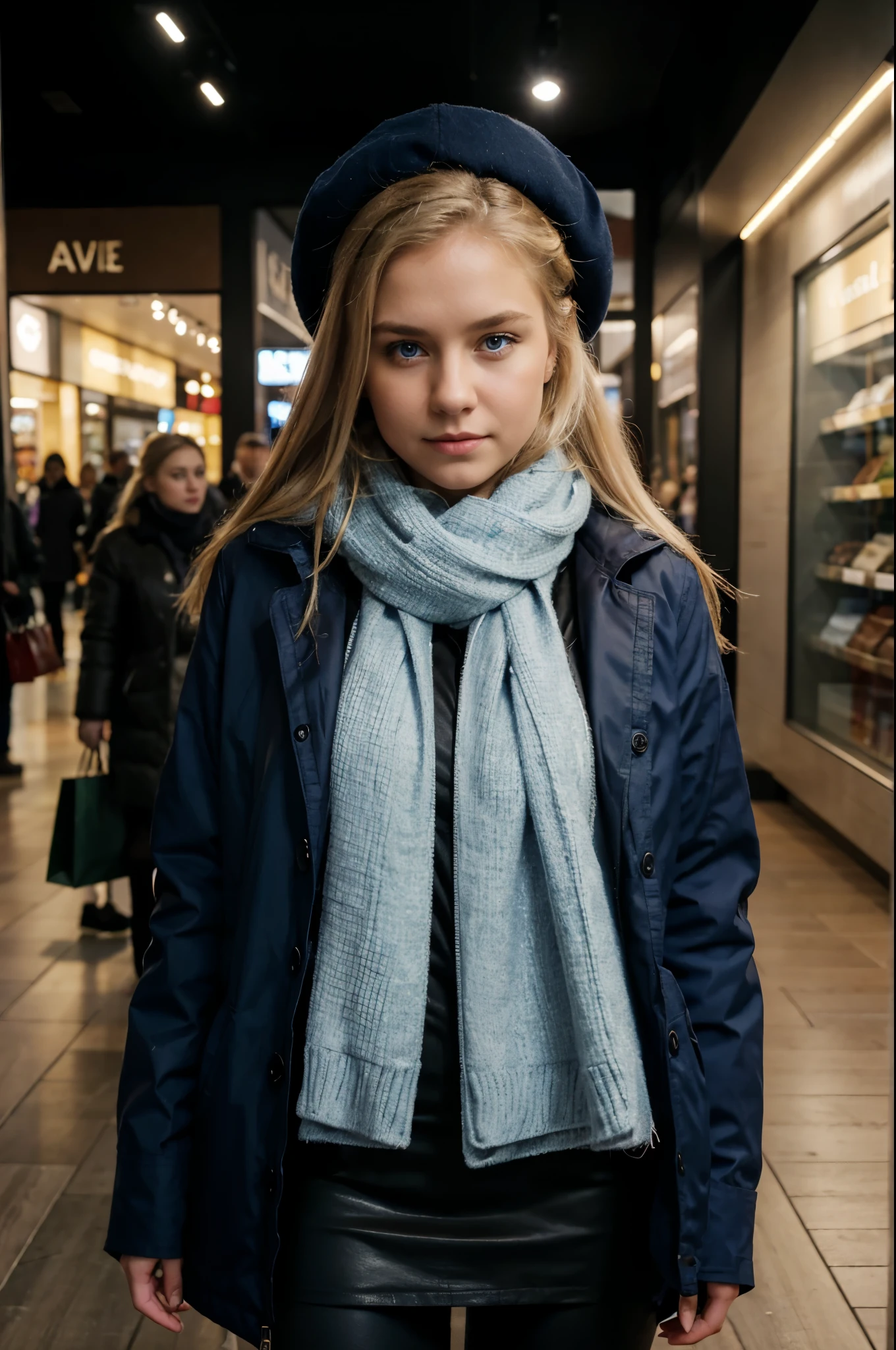 shopping in a mall, full body picture with winter outfit, winter outfit, chubby, scarf, evening, dark lights, best quality, Meisterwerk, Realistisches Foto, Komplizierte Details, RAW-Foto, Ultra-detailliert, blondes haar, cute face, Body size B, blondes Haar, perfekte und blaue Augen, HD quality, 8K, young woman, 20 Jahre alt