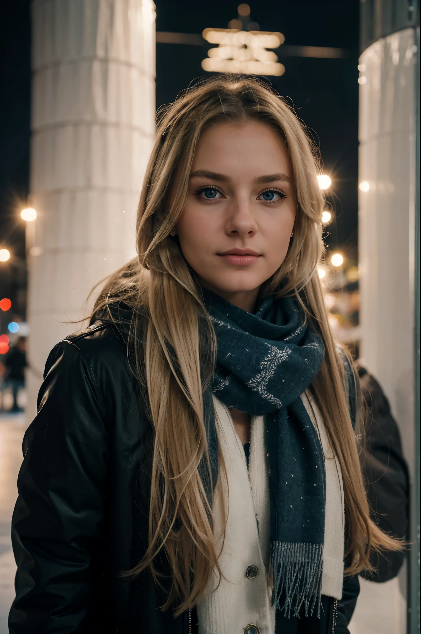 doing ice skating, winter outfit, scarf, evening, dark lights, best quality, Meisterwerk, Realistisches Foto, Komplizierte Details, RAW-Foto, Ultra-detailliert, blondes haar, cute face, Body size B, blondes Haar, perfekte und blaue Augen, HD quality, 8K, young woman, 20 Jahre alt