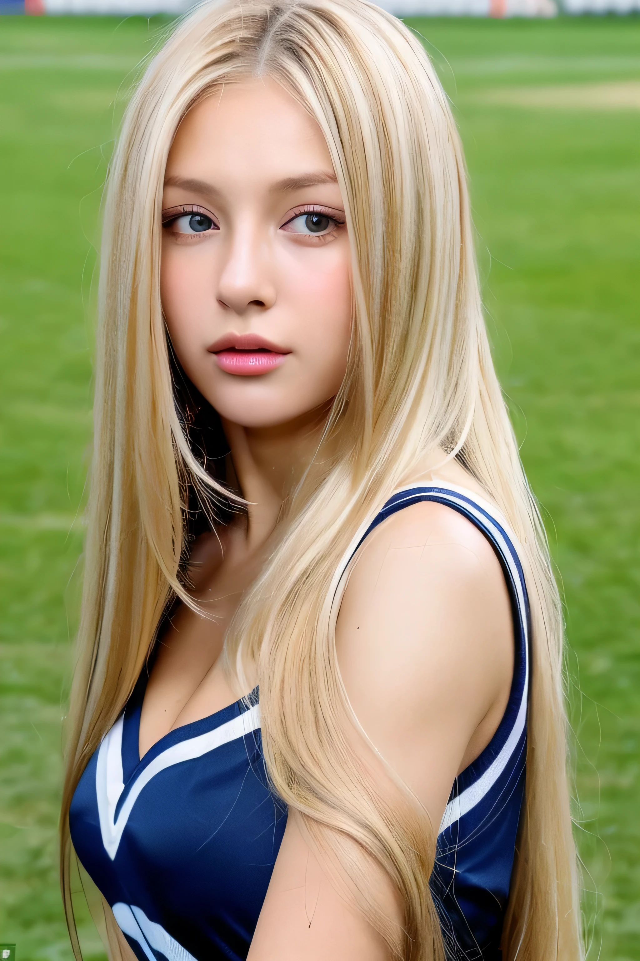 ((highest quality)), ((masterpiece)), (be familiar with), perfect face　(1 girl)　(Englishman)　(She&#39;s 18 and the cutest student in England.)((highest quality)), ((masterpiece)), (become familiar with), perfect face　arafed woman with long blonde hair 　long golden shiny hair,Golden silky hair, Straight blonde hair, long blonde straight hair, Perfect silky straight hair, Straight blonde hair, long blonde hair, her hair is long and straight, detailed long blonde hair　(Big breasts as big as dodgeballs 1.4)　(big breasts 1.4)　(Super long hair down to the ankles)　neat bangs　The neatly trimmed bangs are princess cut and cover the entire forehead..　bright red lips　fine hands　fine fingers　five fingers　Sexy professional make up　Beautiful Caucasian girl face, Caucasian facial features, with long hair shiny long hair, long golden shiny hair, long and straight golden hair, her hair is long and straight, super long hair girl, silky hair, long blonde hair, silky hair, Long flat hair, Silky texture, with long hair, Long flowing blonde hair, thin and shiny hair　Detailed white beautiful human body anatomically correct skin　detailed eyes　detailed mouth　the corners of the mouth rise slightly　(lips are thin)　blushing face　front view　sensual look　(Cheerleader uniform)　(sunny grassland)　(looking at the viewer)　(Eyebrows are dark brown in color)　Please cover your entire body from head to ankles.