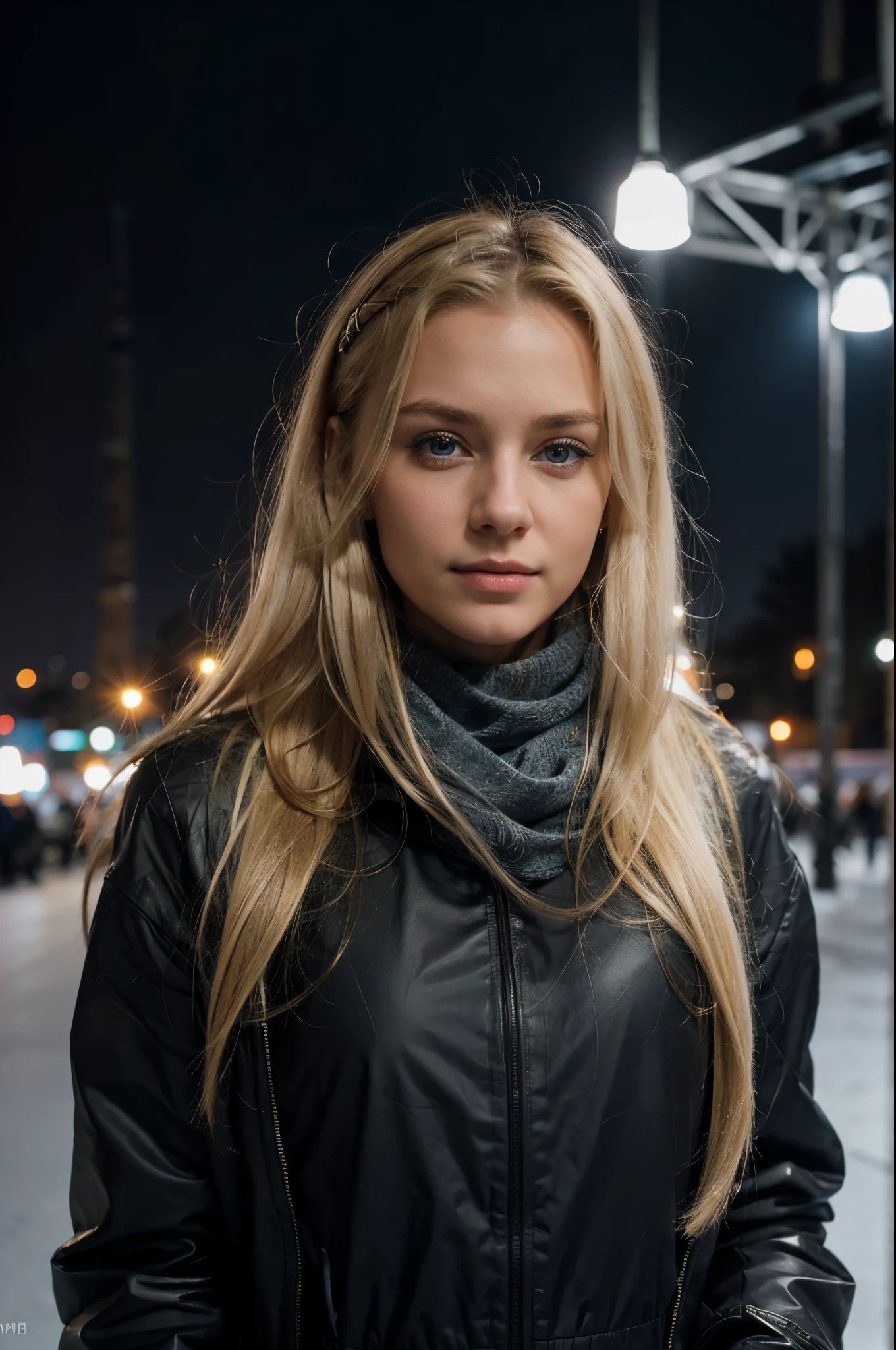 ice skating, winter outfit, scarf, evening, dark lights, best quality, Meisterwerk, Realistisches Foto, Komplizierte Details, RAW-Foto, Ultra-detailliert, blondes haar, cute face, Body size B, blondes Haar, perfekte und blaue Augen, HD quality, 8K, young woman, 20 Jahre alt