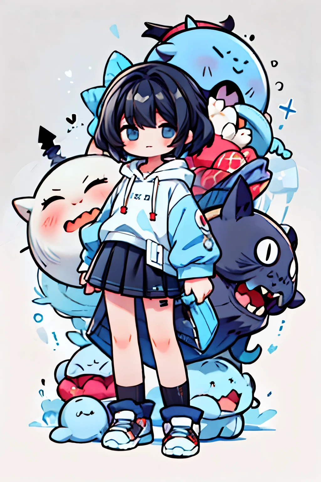 full body、black hair、Light blue only hoodie、black skirt、With cute monsters