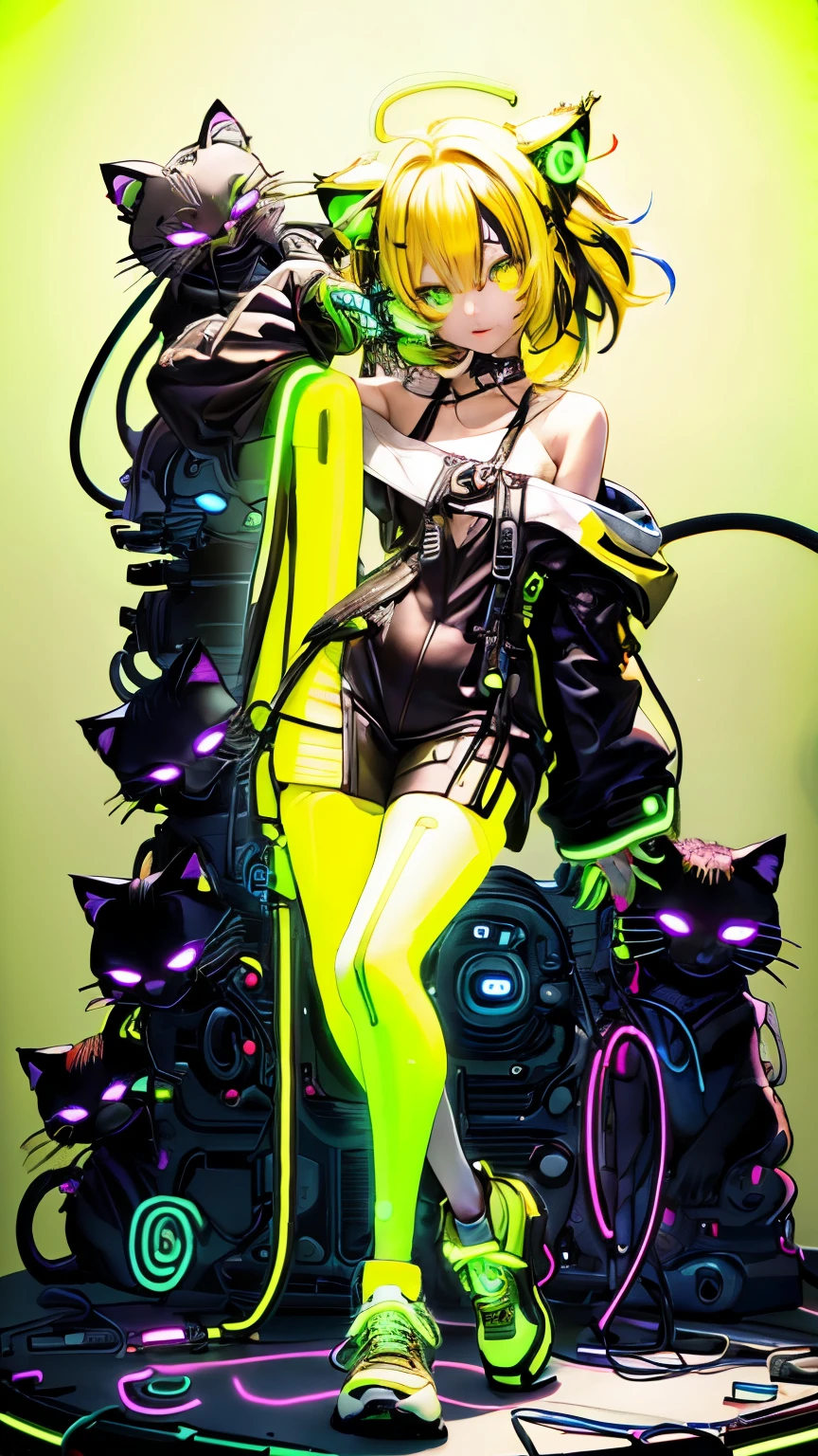 masterpiece, highest quality, 4K, Photorealistic, bokeh, enlightenment,1 perfect portrait of a girl, (A fascinating eye for perfect detail:1.2), colorful hair, (gradient hair), (neon yellow hair:1.6), (Cat ear:1.2), fantasy background, (exposed bare shoulders), (long-term alienation_sleeve), (lean forward a little), head tilt, movie lighting, oversized clothes, (seductive pose:1.4), (neon yellow background:1.6)