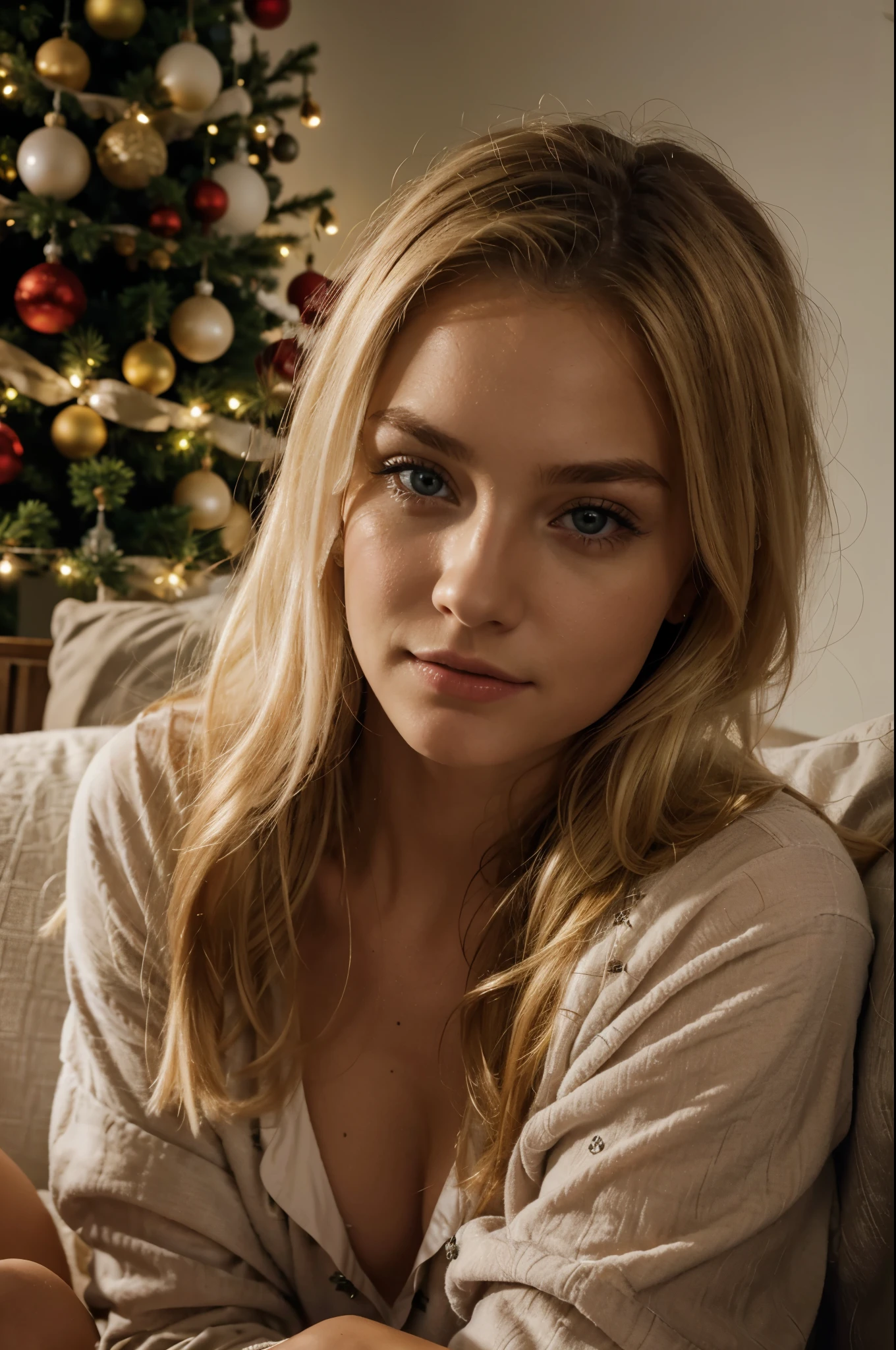 laying on the couch with a cozy pyjama, Christmas tree, evening, dark lights, best quality, Meisterwerk, Realistisches Foto, Komplizierte Details, RAW-Foto, Ultra-detailliert, blondes haar, cute face, Body size B, blondes Haar, perfekte und blaue Augen, HD quality, 8K, young woman, 20 Jahre alt