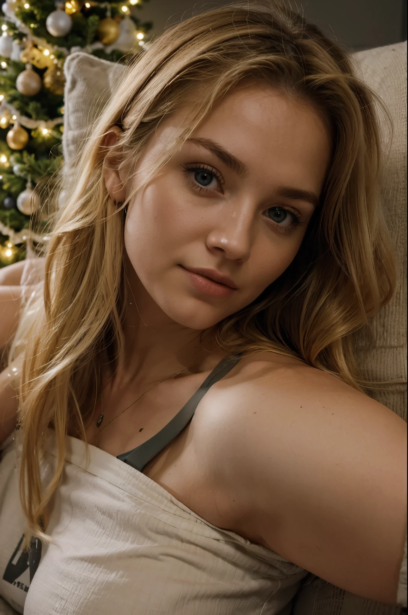 laying on the couch with a cozy pyjama, Christmas tree, evening, dark lights, best quality, Meisterwerk, Realistisches Foto, Komplizierte Details, RAW-Foto, Ultra-detailliert, blondes haar, cute face, Body size B, blondes Haar, perfekte und blaue Augen, HD quality, 8K, young woman, 20 Jahre alt