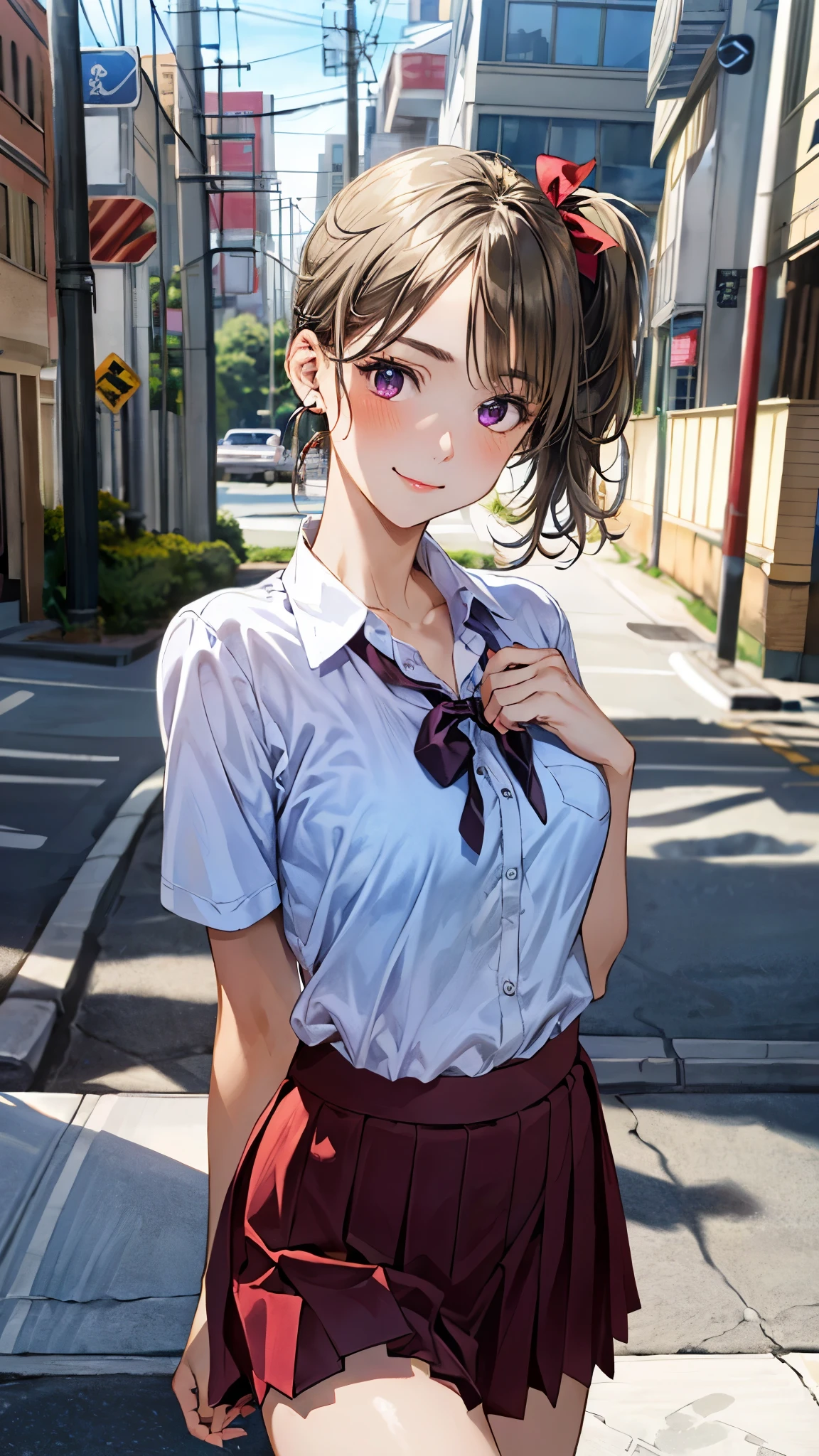 (masterpiece:1.2, top-quality), (realistic, photorealistic:1.4), beautiful illustration, (natural side lighting, movie lighting),
looking at viewer, full body, front view:0.6, 1 girl, japanese, high school girl, perfect face, cute and symmetrical face, shiny hair, shiny skin,
(short hair, short side ponytail, ash blonde hair), crossed bangs, purple eyes, big eyes, long eye lasher, (middle breasts), 3 hairpin,
beautiful hair, beautiful face, beautiful detailed eyes, beautiful clavicle, beautiful body, beautiful chest, beautiful thigh, beautiful legs, beautiful fingers,
((short sleeve white collared shirt, red neck ribbon, light blue skirt), wrist chouchou, hair chouchou),
(beautiful scenery), sidewalk, (walking, skirt hold), (false smile),