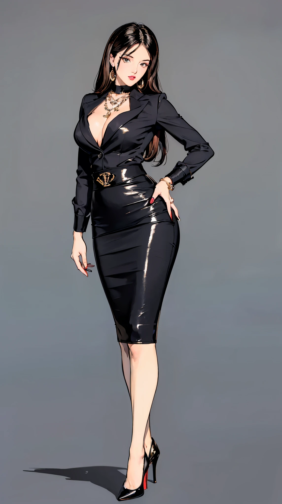 ((best quality,4k,highres,masterpiece:1.2)),((character concept art)), 1 female, age 21, Korean-Japanese. Known for her allure and charm, Bella embodies the role of a seductive secretary. Her body language is as captivating as her personality, always exuding confidence and seduction. (((She's wearing a Prada Tailored Pencil Skirt and Silk Blouse, that lends a professional yet alluring appearance. To top off her look, she dons the Prada high heels.))) Her accessories include a Gold Necklace and a pair of Diamond Earrings, enhancing her overall look. ((intricate detail)), super finely detailed hands, ultra finely detailed fingers(((ten fingers))), (standing confidently), (full body showcase), (show full body), (no logos on background), (no logo), ((plain background)), ((plain background)), (((empty background))).