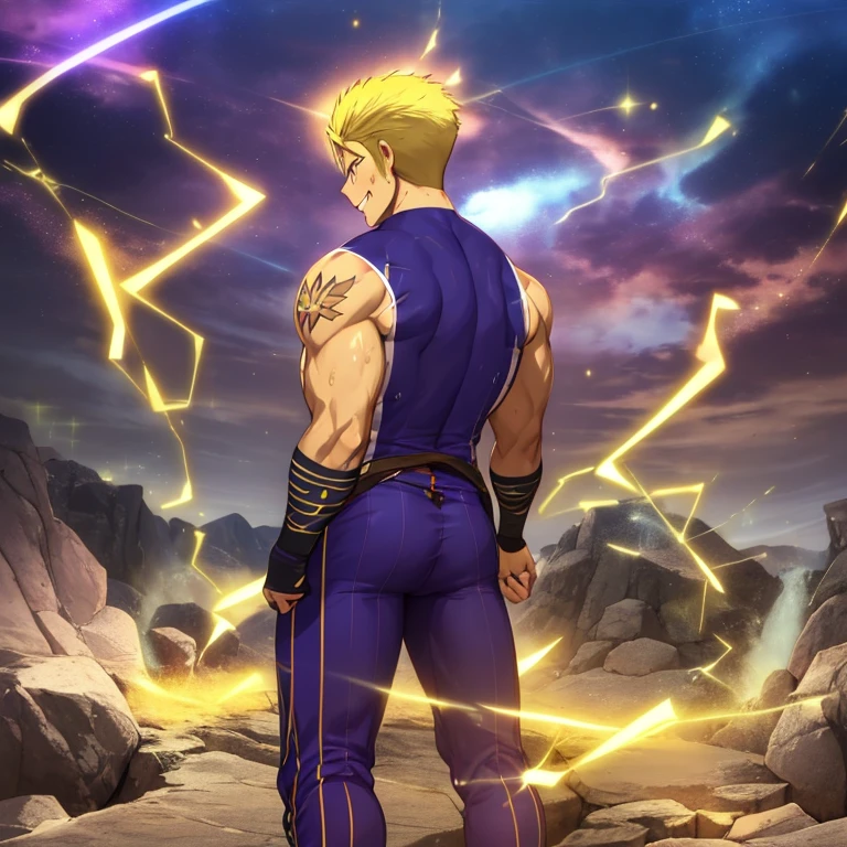 (((best quality, high resolution, masterpiece, best quality))),anime screencap, 1boy, muscular male, sweaty, masterpiece, depth of field, full body, looking at viewer, laxus_dreyar, yellow hair, chest tattoo, yellow lightning, spark, grin, dynamic pose, Extra large up bulges penis dripping alot white semen, hands on back of head, standing on the ground
