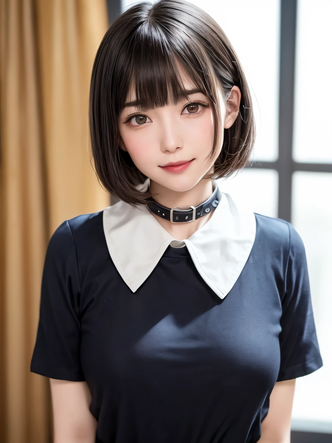 (8K、highest quality、masterpiece:1.8、bangsのあるショートボブヘア:1.8)、(genuine、genuineistic:1.5)、Super detailed、1 girl、cute、alone、sitting、 (Beautiful face in symmetry、Beautiful face with golden ratio、smile:1.4)、(closed your mouth)、big chest、stare at the camera、stare at the camerachest元、fine and beautiful eyes、big, round eyes、Clear double eyelids、eyelash、lips、(white shirt with collar:1.9、chest元に穴の開いたシャツ:2)、(short hair:1.2)、Very black hair:2、(bangs:1.2、美しいbangs:1.4)、light brown eyes、long neck、smile、close your mouth、cute face、幸せなsmile:1.6、beautiful teeth、genuineistic skin types、genuineの質感、unbutton、Pale pink lip、There&#39;s genuinely no background、genuinely pure white background、28 years old,Natural light、上lipsが厚くない、Hands are lowered、{Huge|big|Hugeな|mega} chest:2, cleavage:2
