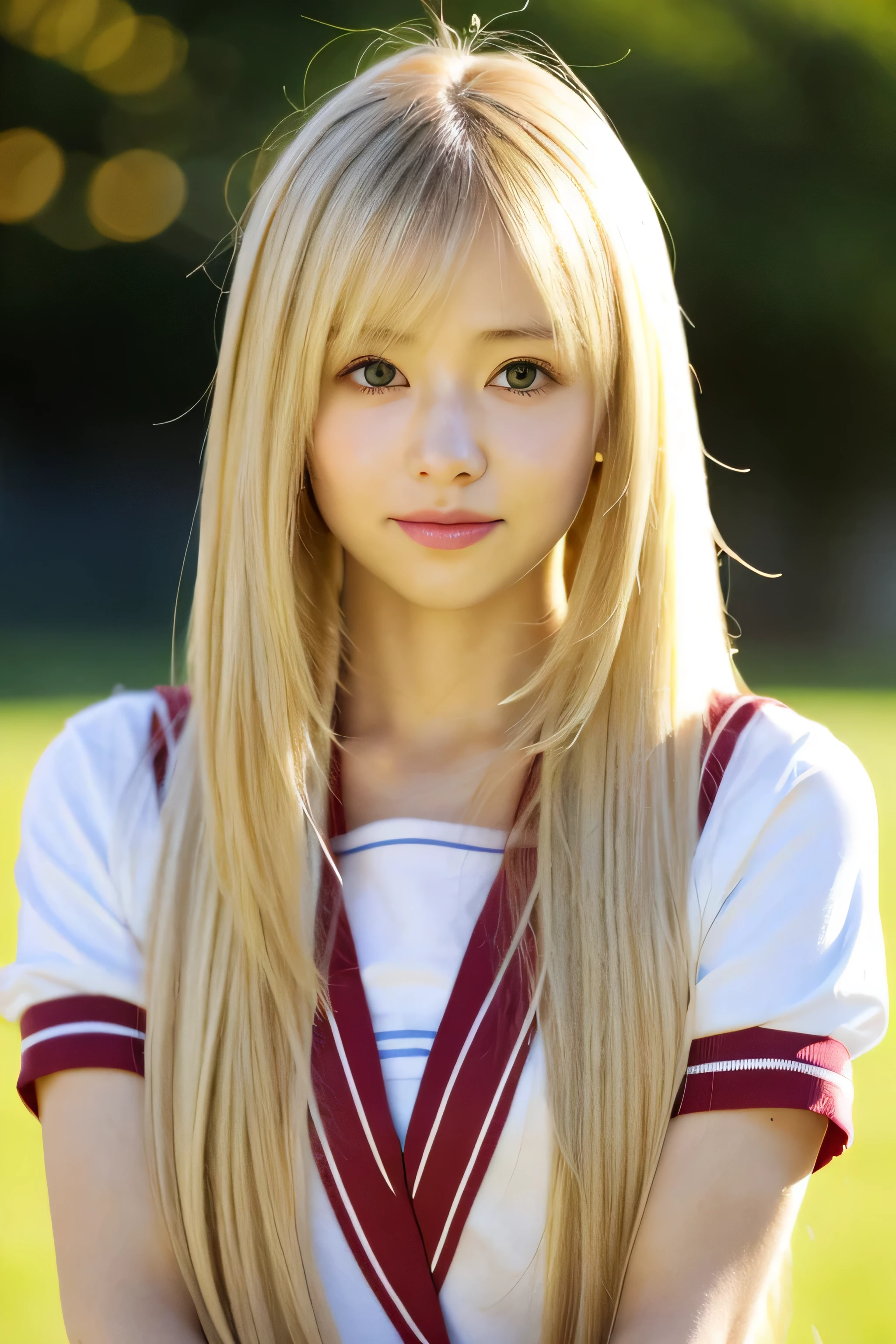 ((highest quality)), ((masterpiece)), (be familiar with), perfect face (1 girl) (Japanese) (She is the cutest 18-year-old student in Japan.)((highest quality)), ((masterpiece)), (become familiar with), perfect face arafed woman with long blonde hair long golden shiny hair,Golden silky hair, Straight blonde hair, long blonde straight hair, Perfect silky straight hair, Straight blonde hair, long blonde hair, her hair is long and straight, detailed long blonde hair (Big breasts as big as dodgeballs 1.4) (big breasts 1.4) (Super long hair down to the ankles) neat bangs The neatly trimmed bangs are princess cut and cover the entire forehead.. bright red lips fine hands fine fingers five fingers Sexy professional make up beautiful japanese girl face, Facial features of Japan, with long hair shiny long hair, long golden shiny hair, long and straight golden hair, her hair is long and straight, super long hair girl, silky hair, long blonde hair, silky hair, Long flat hair, Silky texture, with long hair, Long flowing blonde hair, thin and shiny hair (twin tails) Detailed white beautiful human body anatomically correct skin detailed eyes detailed mouth the corners of the mouth rise slightly (lips are thin) front view embarrassed look smiling expression serious expression (Cheerleader uniform) (sunny grassland) (looking at the viewer) (Eyebrows are dark brown in color) Please cover your entire body from head to ankles.