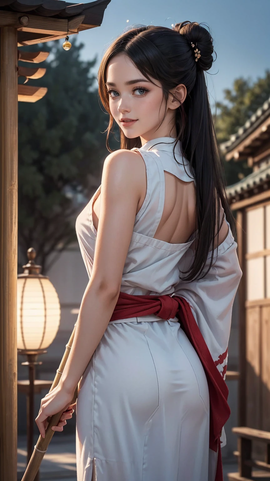 blonde hair, gradient hair, hair over shoulder, hair behind ear, longeyelashes, light smile, Surrealism, depth of field, atmospheric perspective, foreshortening, UHD, anatomically correct, highres, 16k、
((最high quality, 8K, masterpiece: 1.3, Ultra HD, high quality, 最high quality, High resolution, realism)) 、(high color saturation:1.0), (highly detailed skin), (最high quality:1.0), (超High resolution:1.0) ,(realistic:1.0), (Super detailed:1.0), (8K, Raw photo:1.1), slender、Slender, muscular body that&#39;s toned like an athlete&#39;s、I don&#39;t want my head to disappear from the screen.、25 year old Japanese woman、shiny black hair、black eye、long hair、hair above one eye、smile、On the approach to a Japanese shrine、She is a shrine maiden.、Sweeping the grounds with a bamboo broom、Grinning ((light smile))、hair behind ear, side bun, 8k